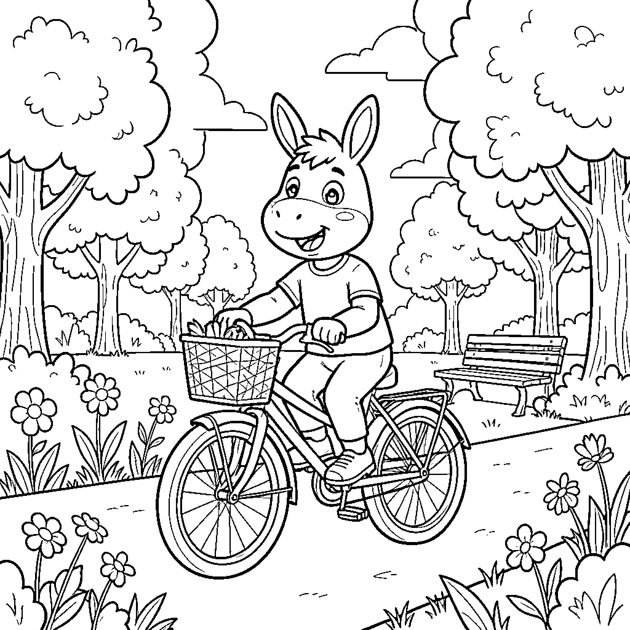 Donkey riding a bicycle through a park Coloring Page (free black-and-white line drawing printable PDF for all, from beginners to advanced learners, including children, teens, adults, and seniors)