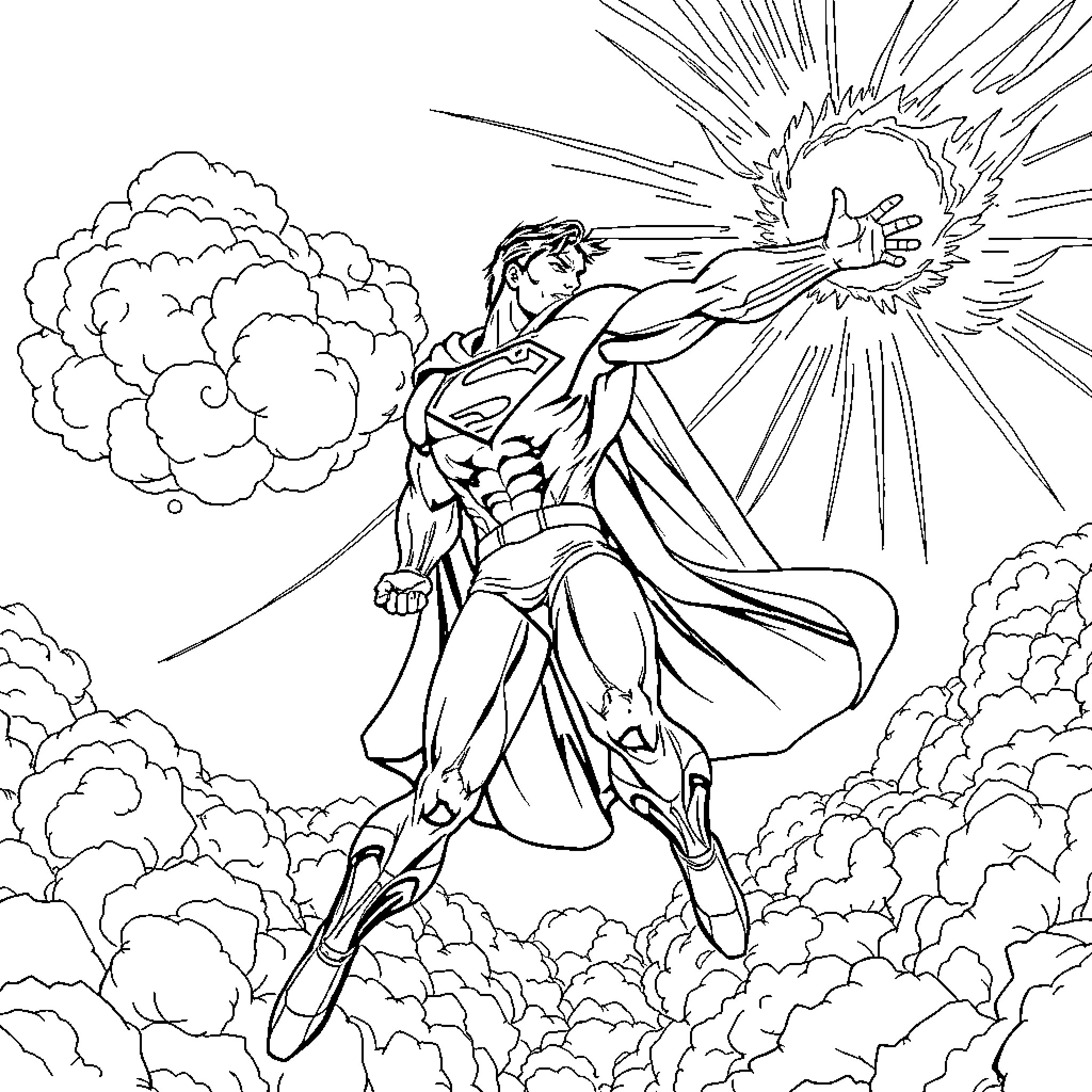 Superman unleashing his powers in the sky Coloring Page (free black-and-white line drawing printable PDF for all, from beginners to advanced learners, including children, teens, adults, and seniors)