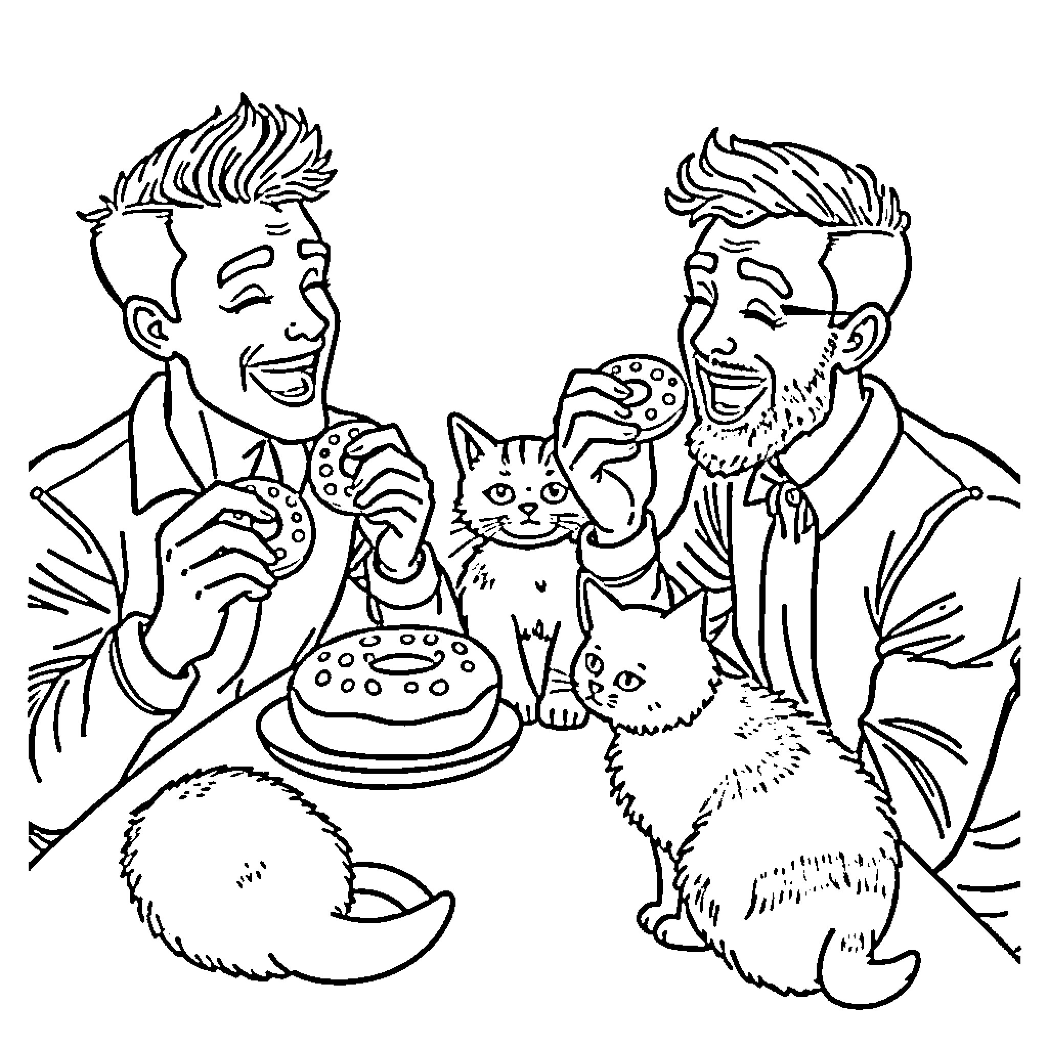 Man Celebrating with Pets and Birthday Cake Coloring Page (free black-and-white line drawing printable PDF for all, from beginners to advanced learners, including children, teens, adults, and seniors)