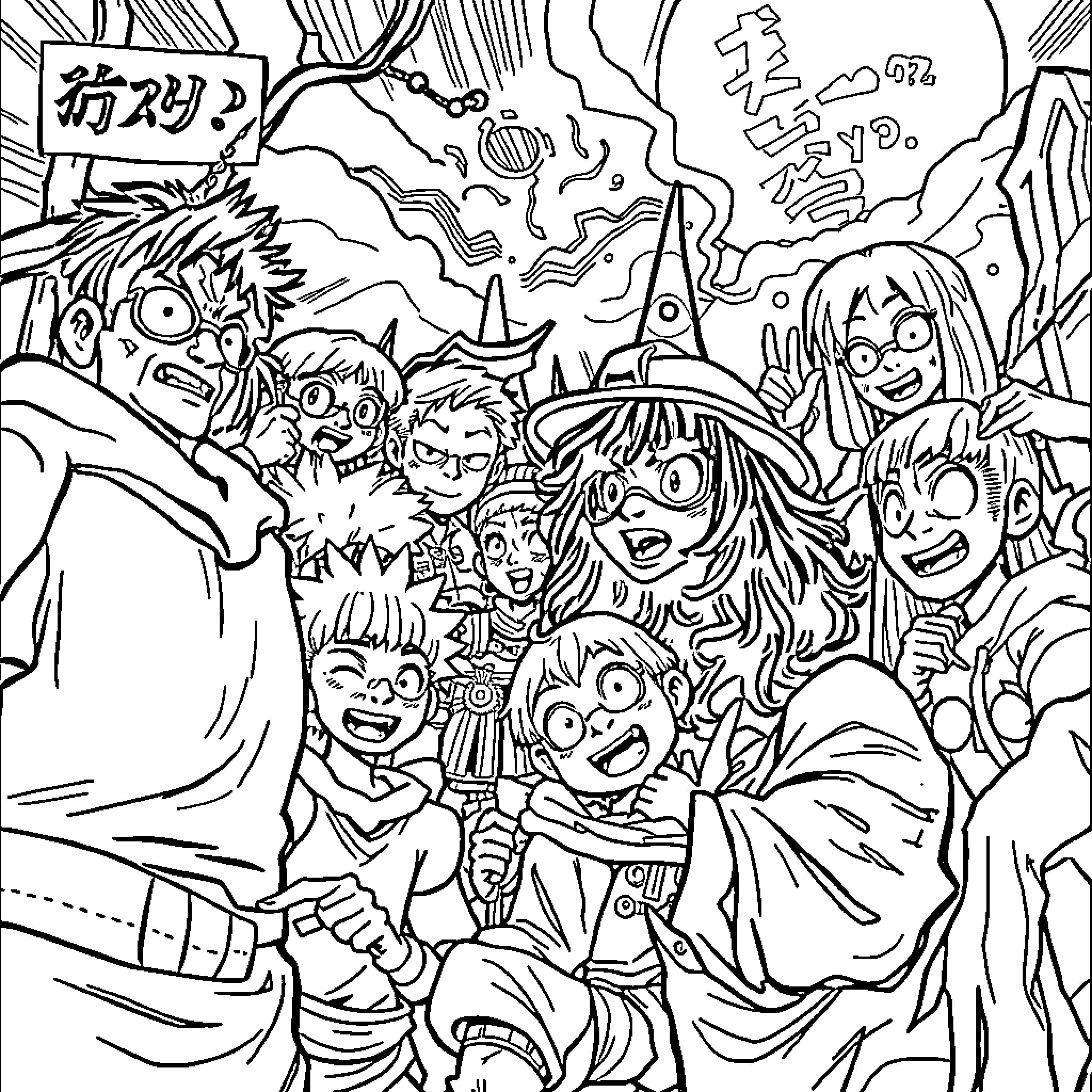 Manga Chaotic Scene with Exaggerated Expressions Coloring Page (free black-and-white line drawing printable PDF for all, from beginners to advanced learners, including children, teens, adults, and seniors)