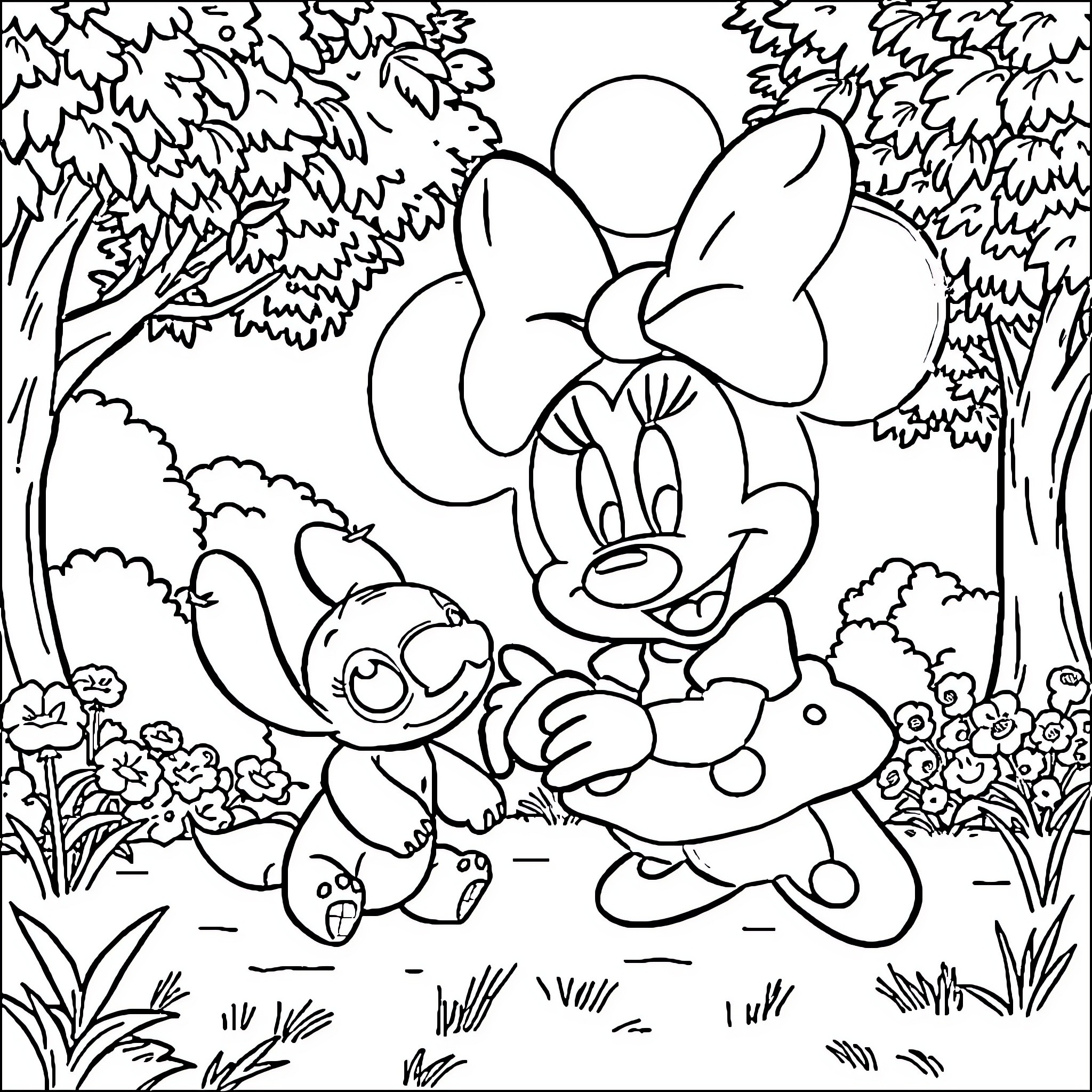 Minnie enjoying a picnic with animal friends in the forest Coloring Page (free black-and-white line drawing printable PDF for all, from beginners to advanced learners, including children, teens, adults, and seniors)