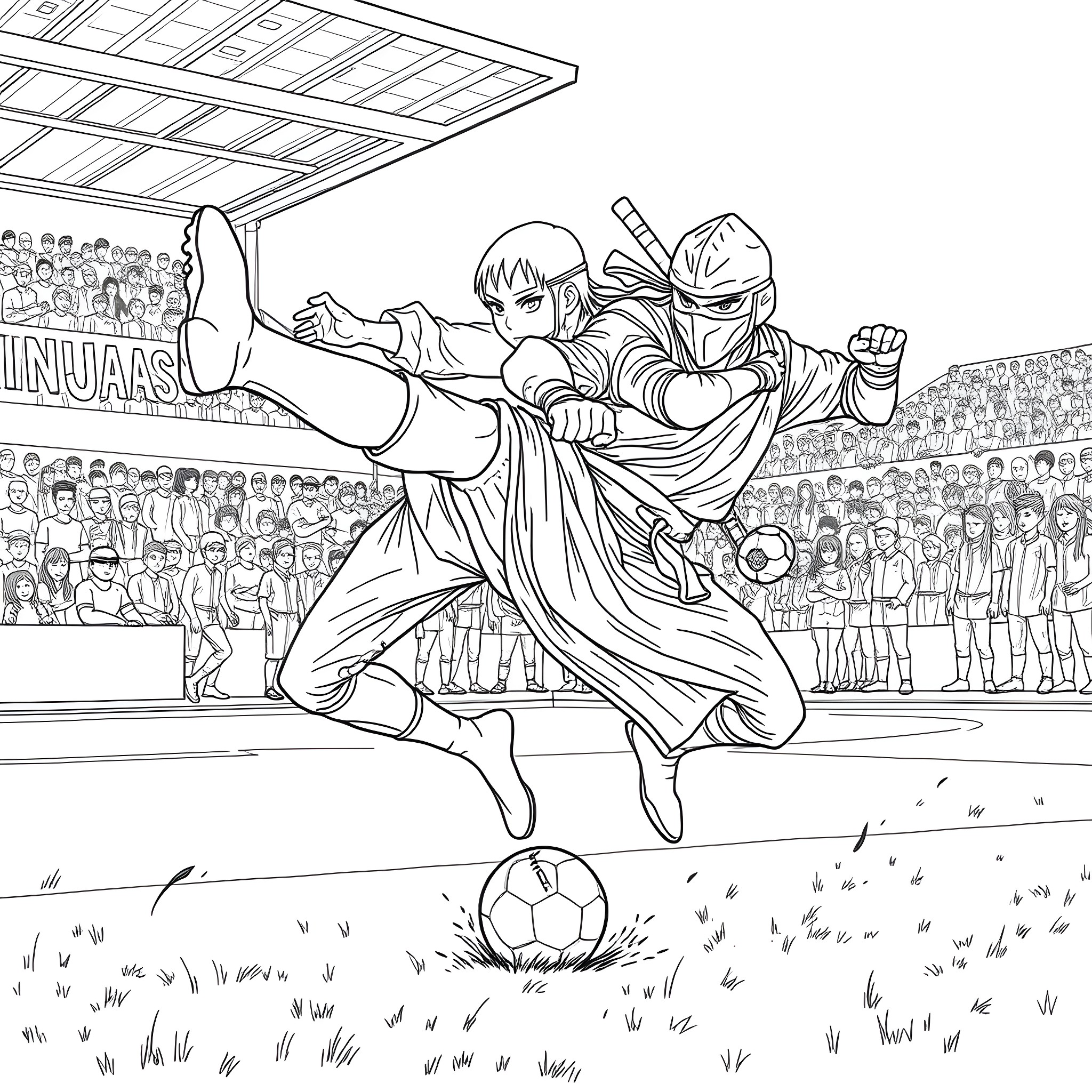 Ninja soccer players in action on the field Coloring Page (free black-and-white line drawing printable PDF for all, from beginners to advanced learners, including children, teens, adults, and seniors)