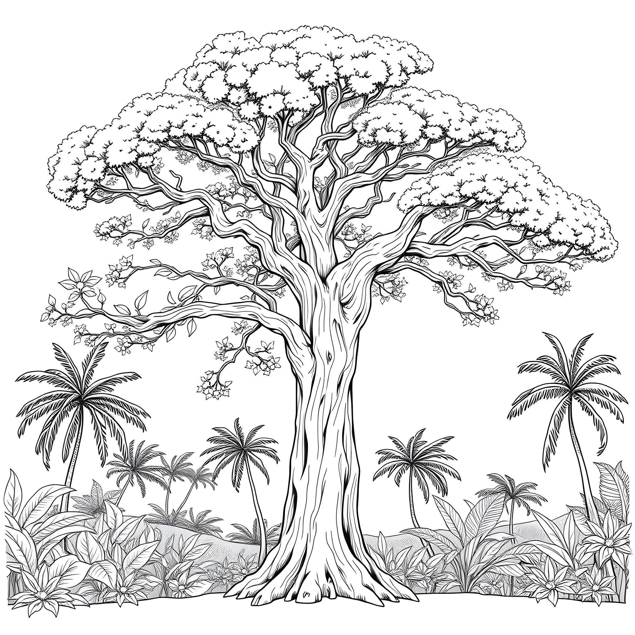 Koa Tree in Tropical Landscape Coloring Page (free black-and-white line drawing printable PDF for all, from beginners to advanced learners, including children, teens, adults, and seniors)