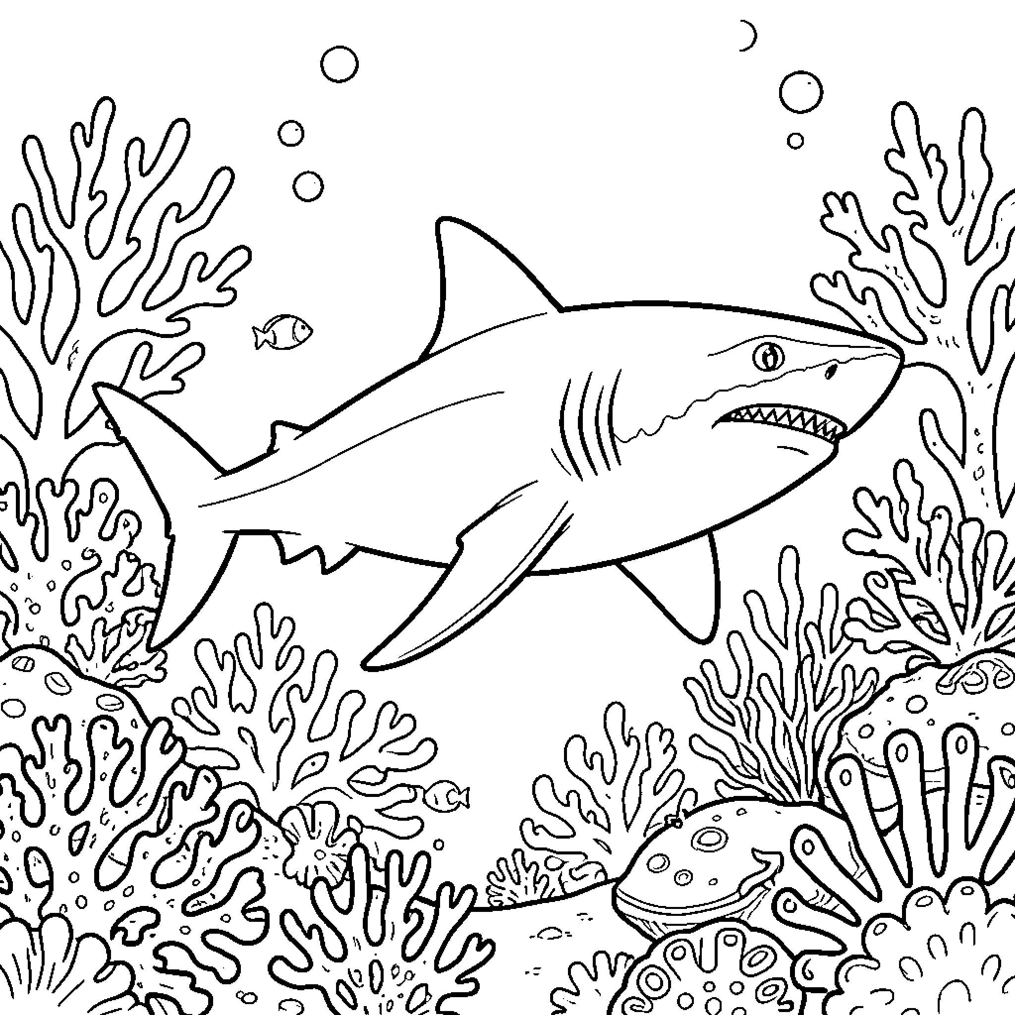 Shark swimming among coral reef and fish Coloring Page (free black-and-white line drawing printable PDF for all, from beginners to advanced learners, including children, teens, adults, and seniors)