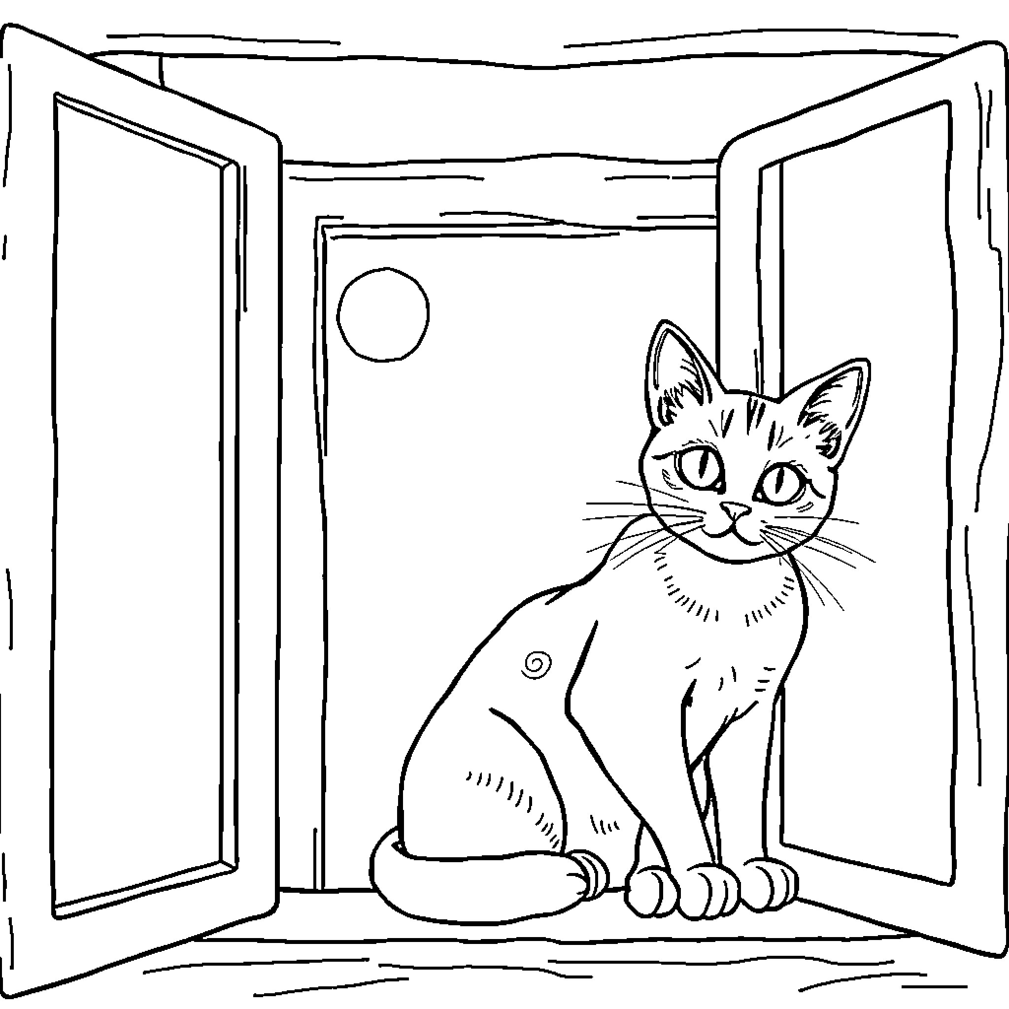 Cat looking out window Coloring Page (free black-and-white line drawing printable PDF for all, from beginners to advanced learners, including children, teens, adults, and seniors)