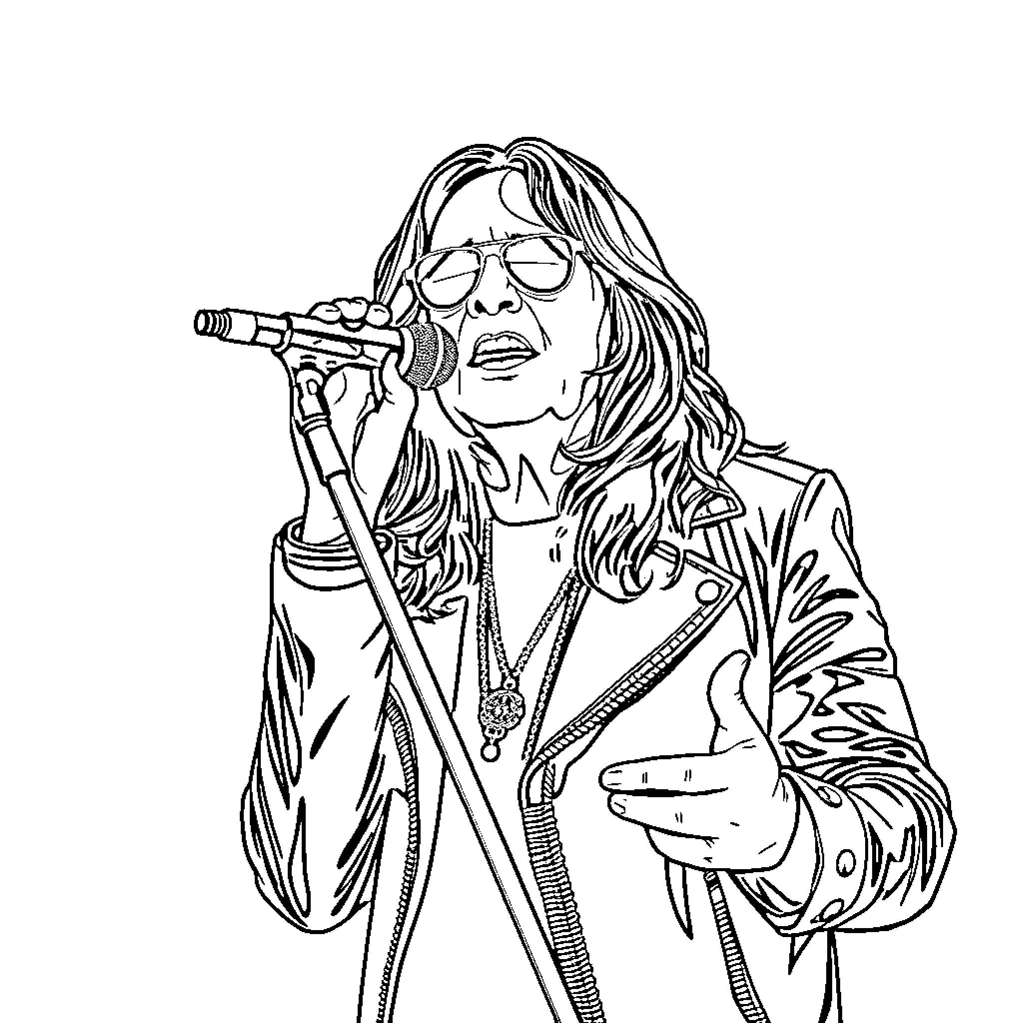 Ozzy Osbourne performing on stage with passion Coloring Page (free black-and-white line drawing printable PDF for all, from beginners to advanced learners, including children, teens, adults, and seniors)