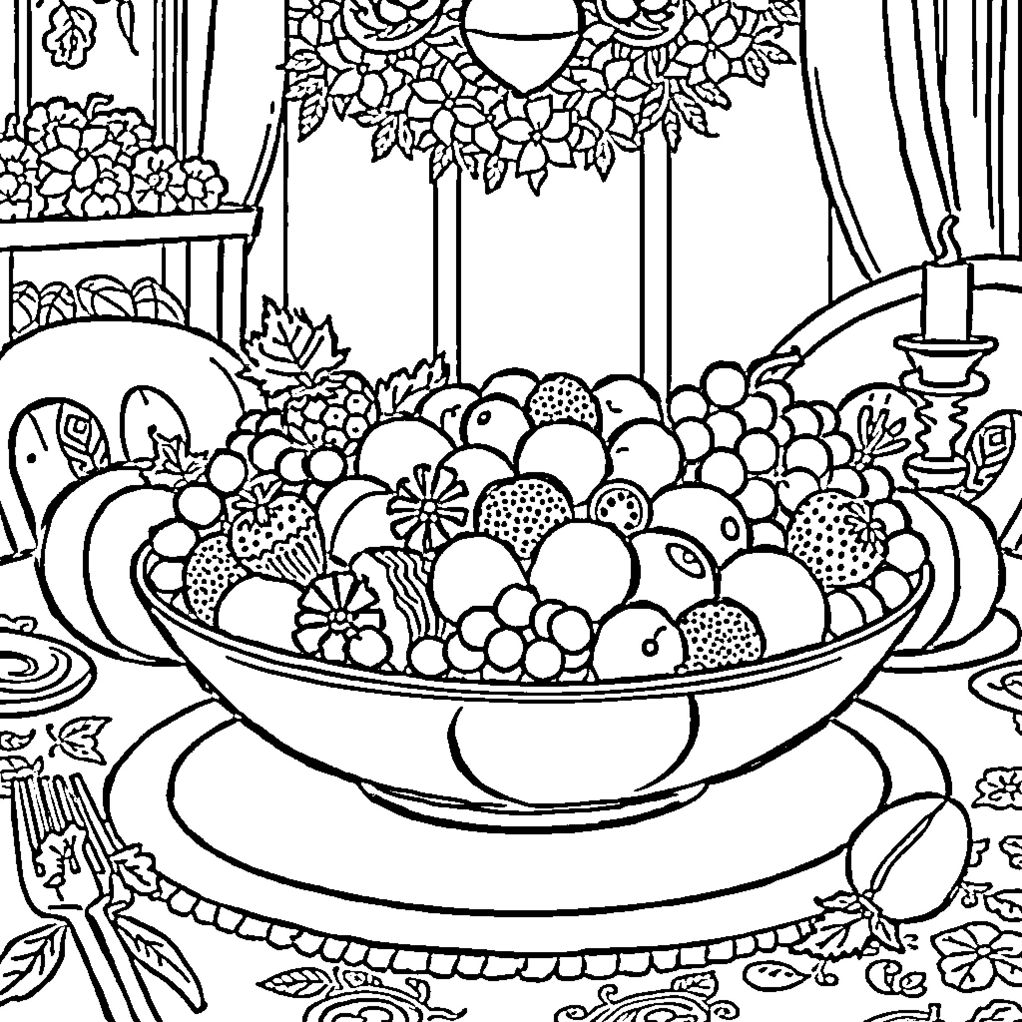 Fruit Bounty in Detailed Still Life Coloring Page (free black-and-white line drawing printable PDF for all, from beginners to advanced learners, including children, teens, adults, and seniors)