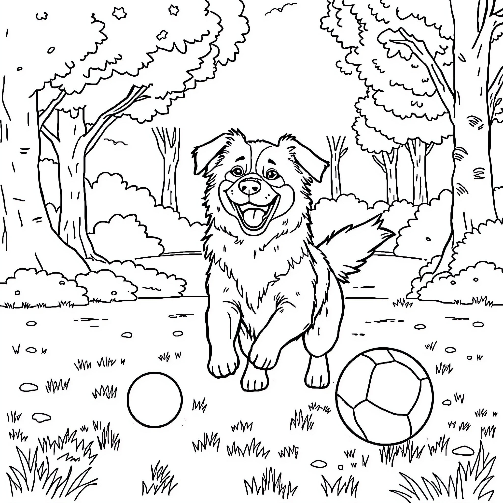 Dog playing with ball in the forest Coloring Page (free black-and-white line drawing printable PDF for all, from beginners to advanced learners, including children, teens, adults, and seniors)