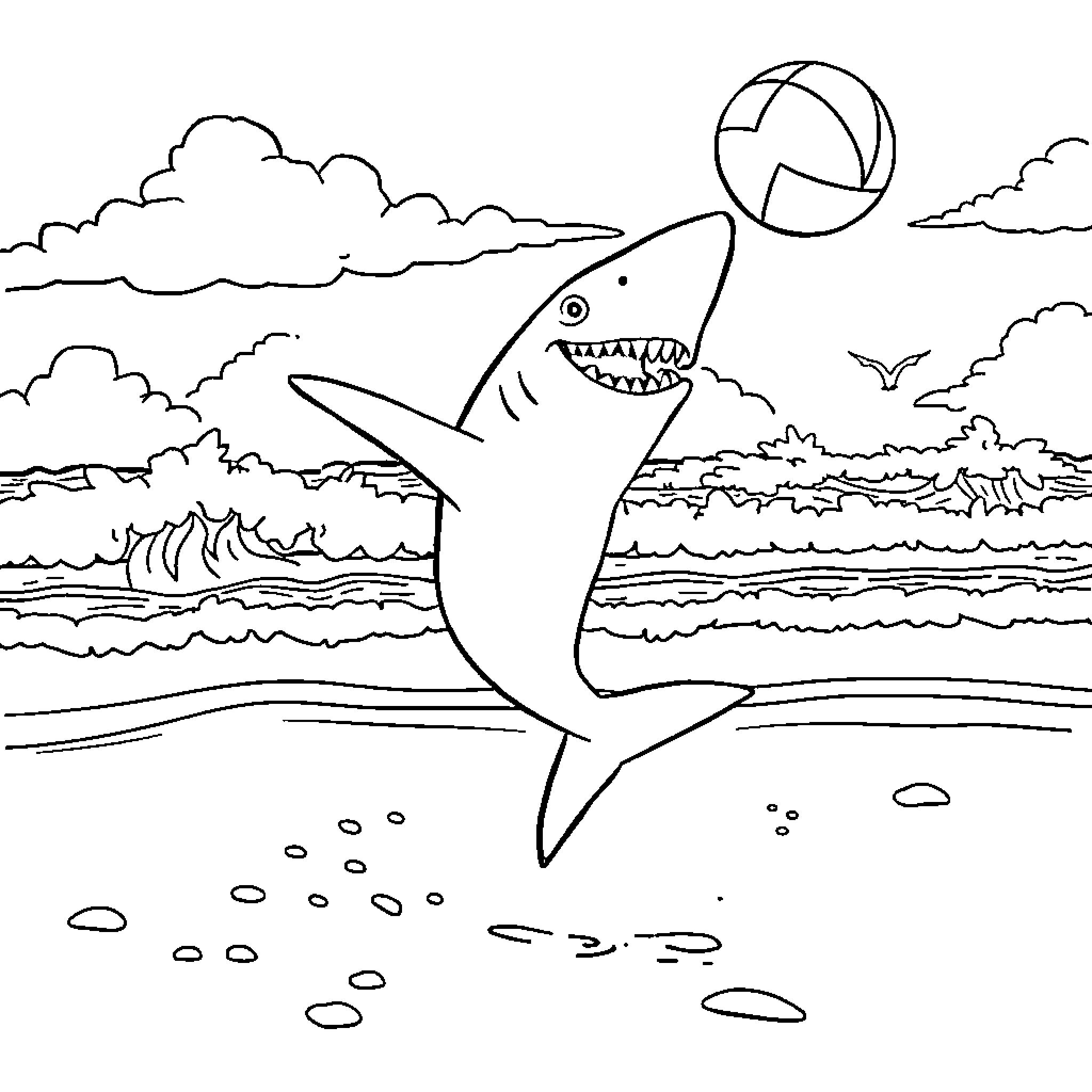 Shark swimming in the ocean Coloring Page (free black-and-white line drawing printable PDF for all, from beginners to advanced learners, including children, teens, adults, and seniors)