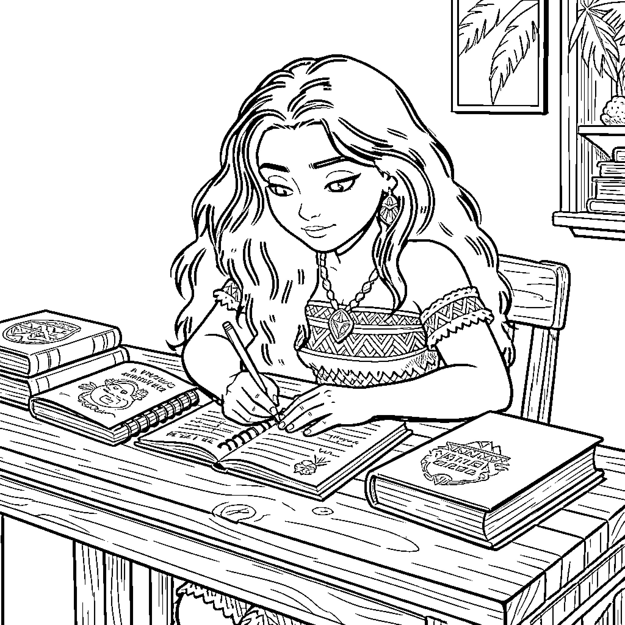 Moana writing intently in a notebook at her desk Coloring Page (free black-and-white line drawing printable PDF for all, from beginners to advanced learners, including children, teens, adults, and seniors)