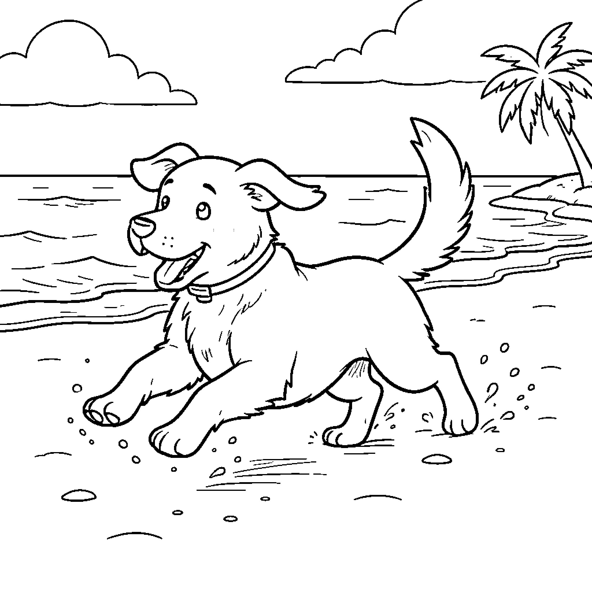 Dog running happily along the beach Coloring Page (free black-and-white line drawing printable PDF for all, from beginners to advanced learners, including children, teens, adults, and seniors)