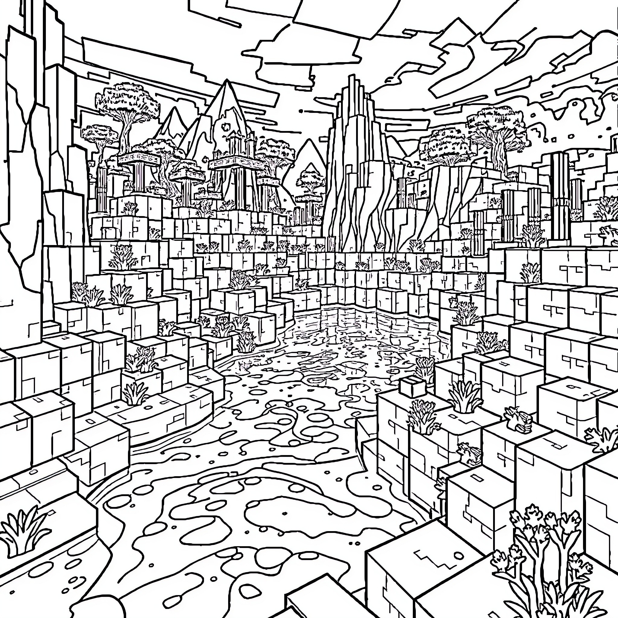 Minecraft Cityscape with Fantastical Elements Coloring Page (free black-and-white line drawing printable PDF for all, from beginners to advanced learners, including children, teens, adults, and seniors)