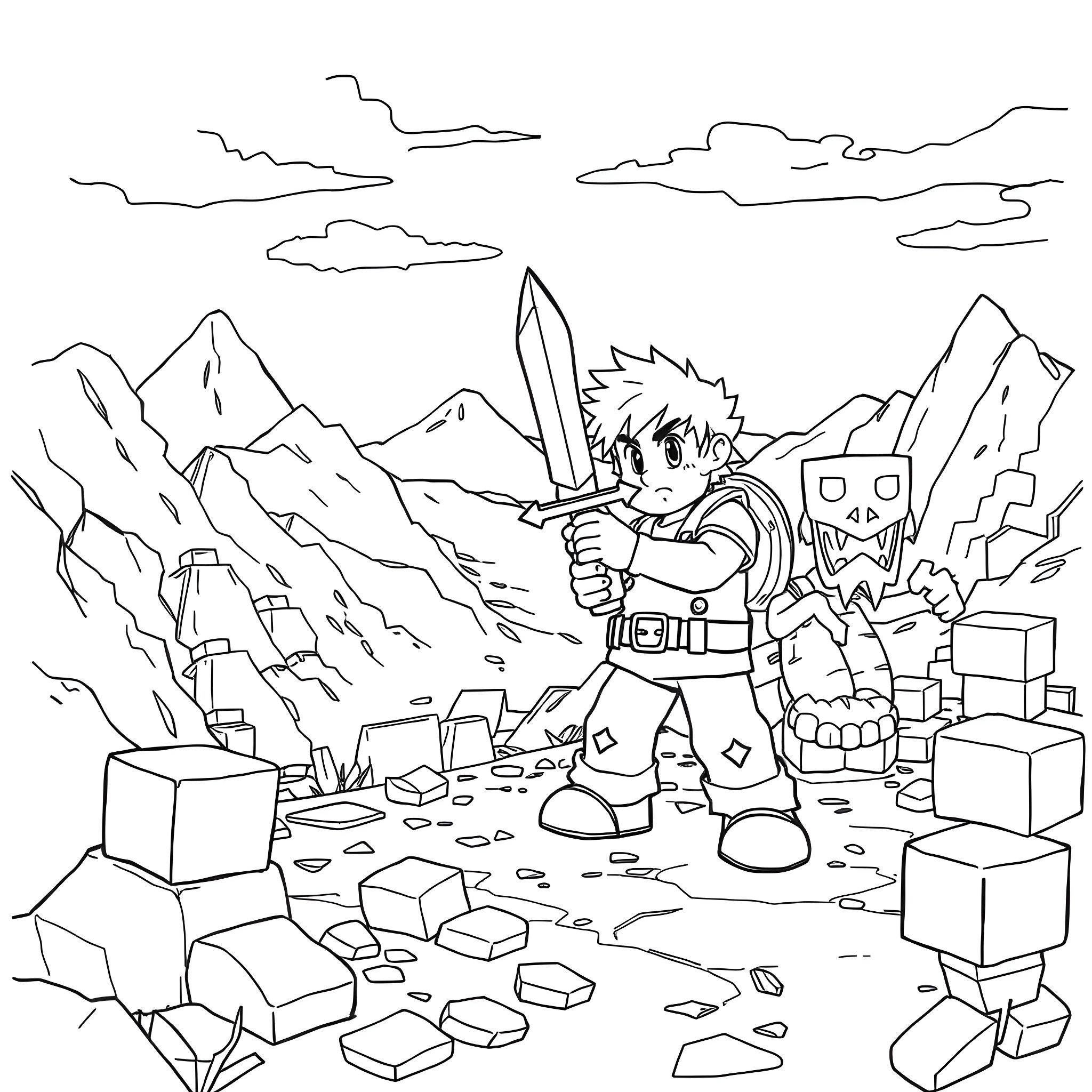Steve's Heroic Adventure in the Mountainous Landscape Coloring Page (free black-and-white line drawing printable PDF for all, from beginners to advanced learners, including children, teens, adults, and seniors)