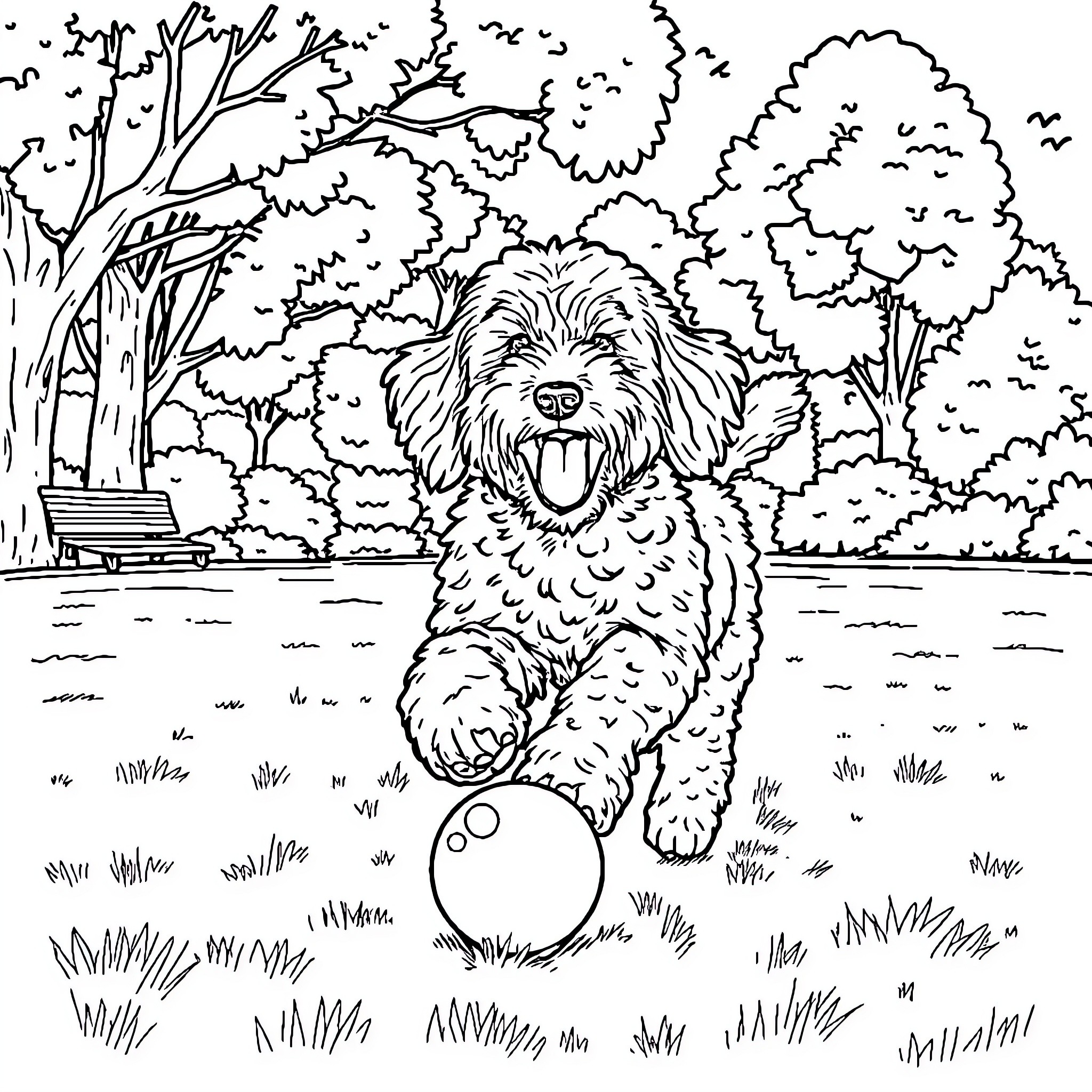Labradoodle playing joyfully in the park Coloring Page (free black-and-white line drawing printable PDF for all, from beginners to advanced learners, including children, teens, adults, and seniors)