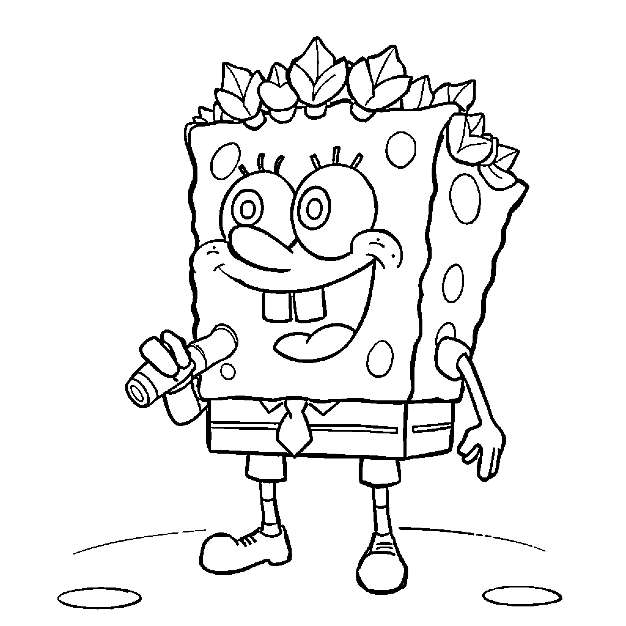 Spongebob having fun with garden tools Coloring Page (free black-and-white line drawing printable PDF for all, from beginners to advanced learners, including children, teens, adults, and seniors)