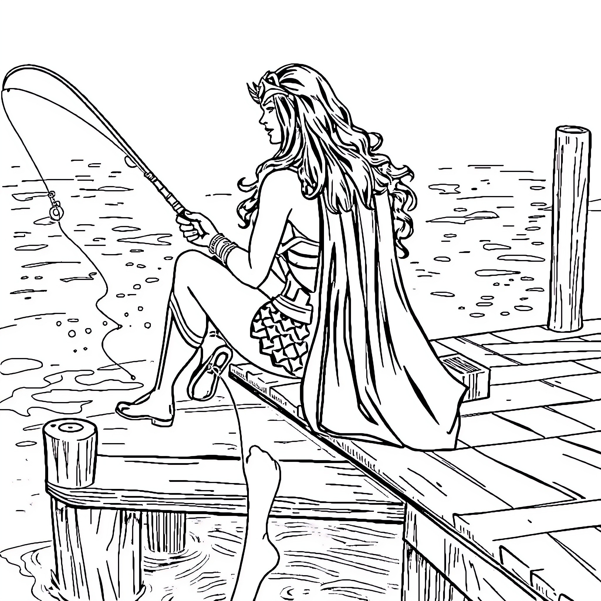 Wonder Woman fishing on a wooden dock Coloring Page (free black-and-white line drawing printable PDF for all, from beginners to advanced learners, including children, teens, adults, and seniors)