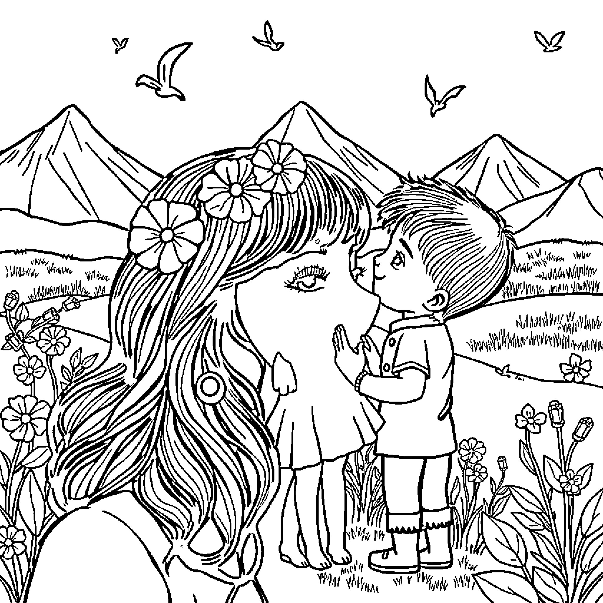 Love conquers all in the enchanting landscape Coloring Page (free black-and-white line drawing printable PDF for all, from beginners to advanced learners, including children, teens, adults, and seniors)