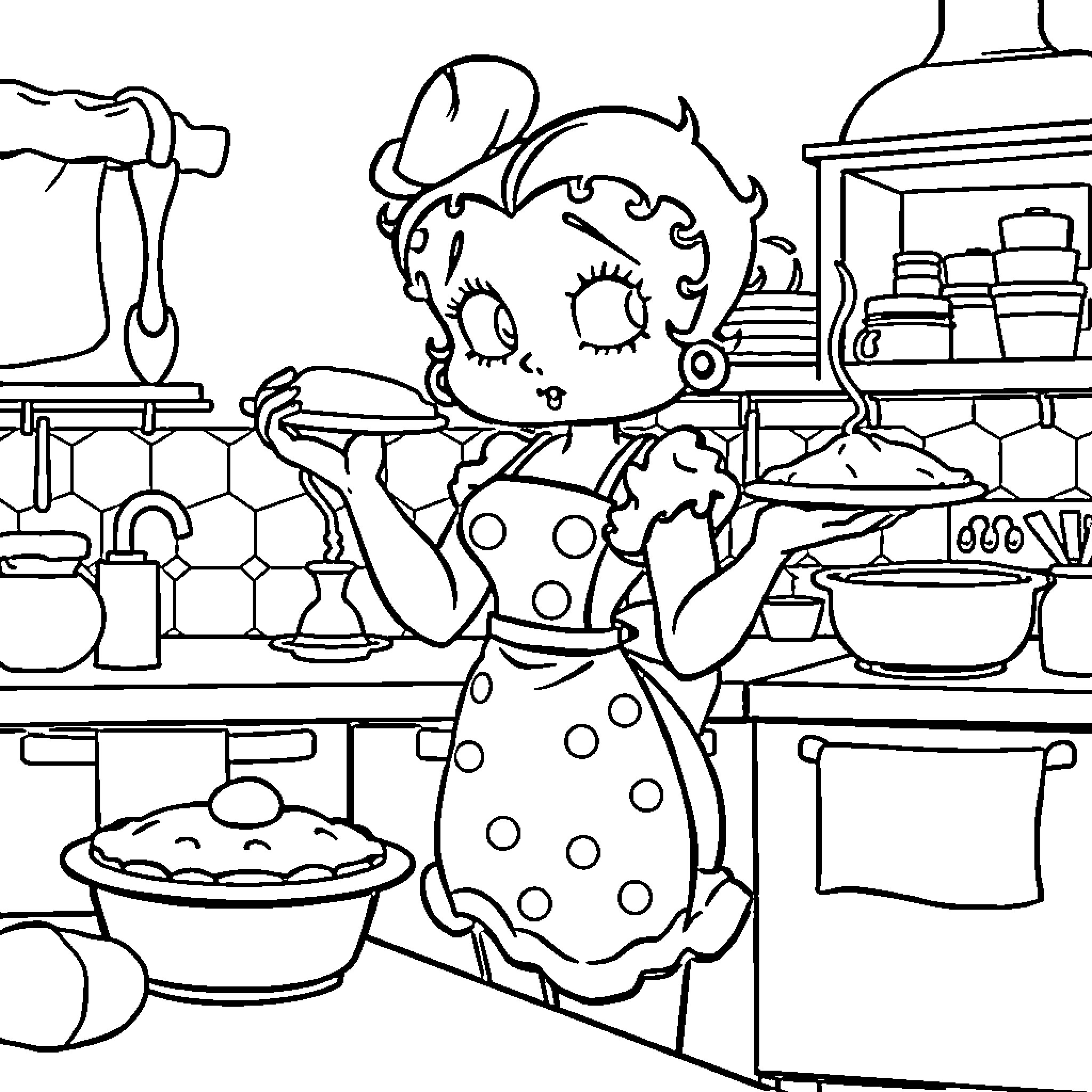 Betty Boop's Kitchen Antics Coloring Page (free black-and-white line drawing printable PDF for all, from beginners to advanced learners, including children, teens, adults, and seniors)