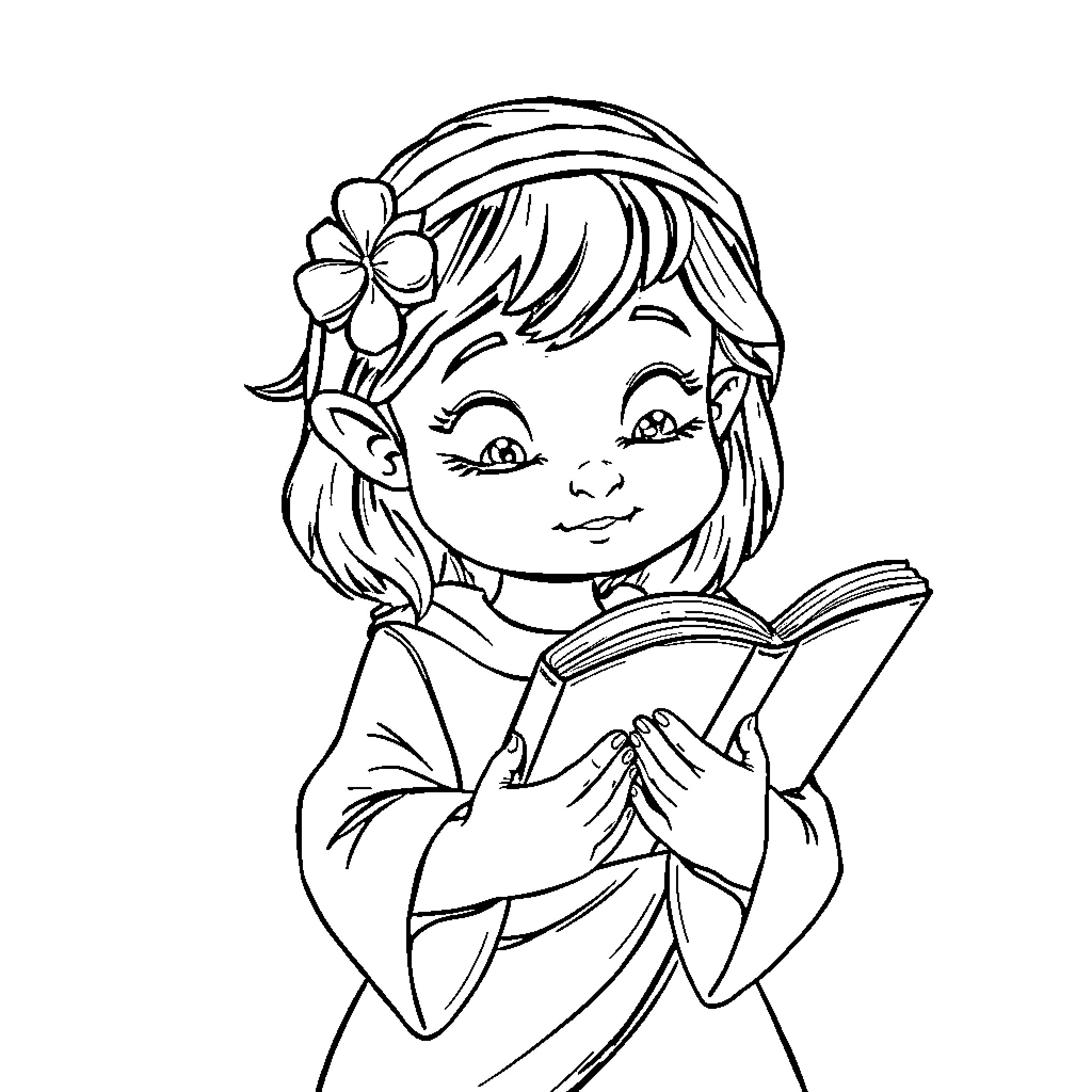 Nina Reading a Book with a Flower Coloring Page (free black-and-white line drawing printable PDF for all, from beginners to advanced learners, including children, teens, adults, and seniors)