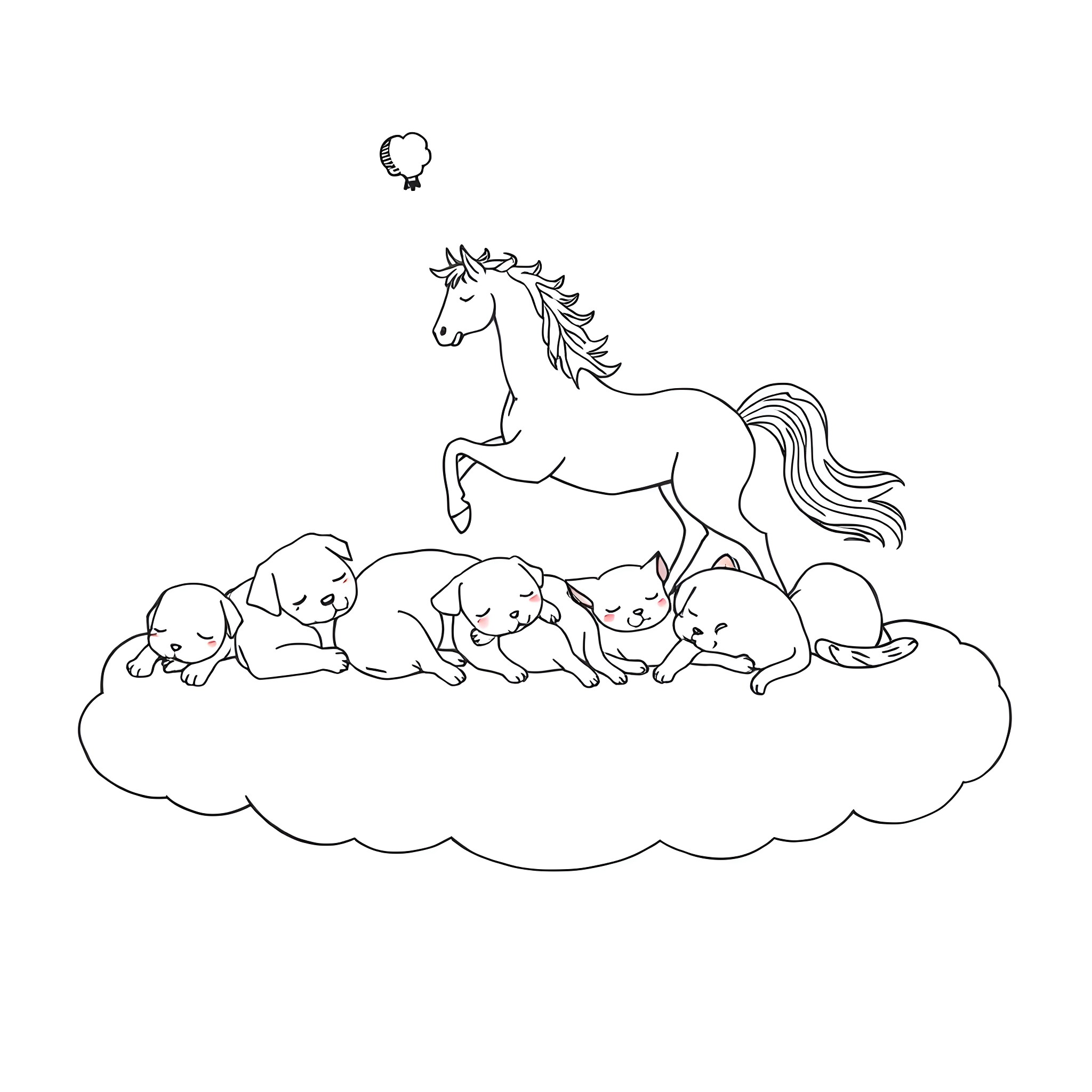 Dog and puppies resting peacefully on a cloud Coloring Page (free black-and-white line drawing printable PDF for all, from beginners to advanced learners, including children, teens, adults, and seniors)