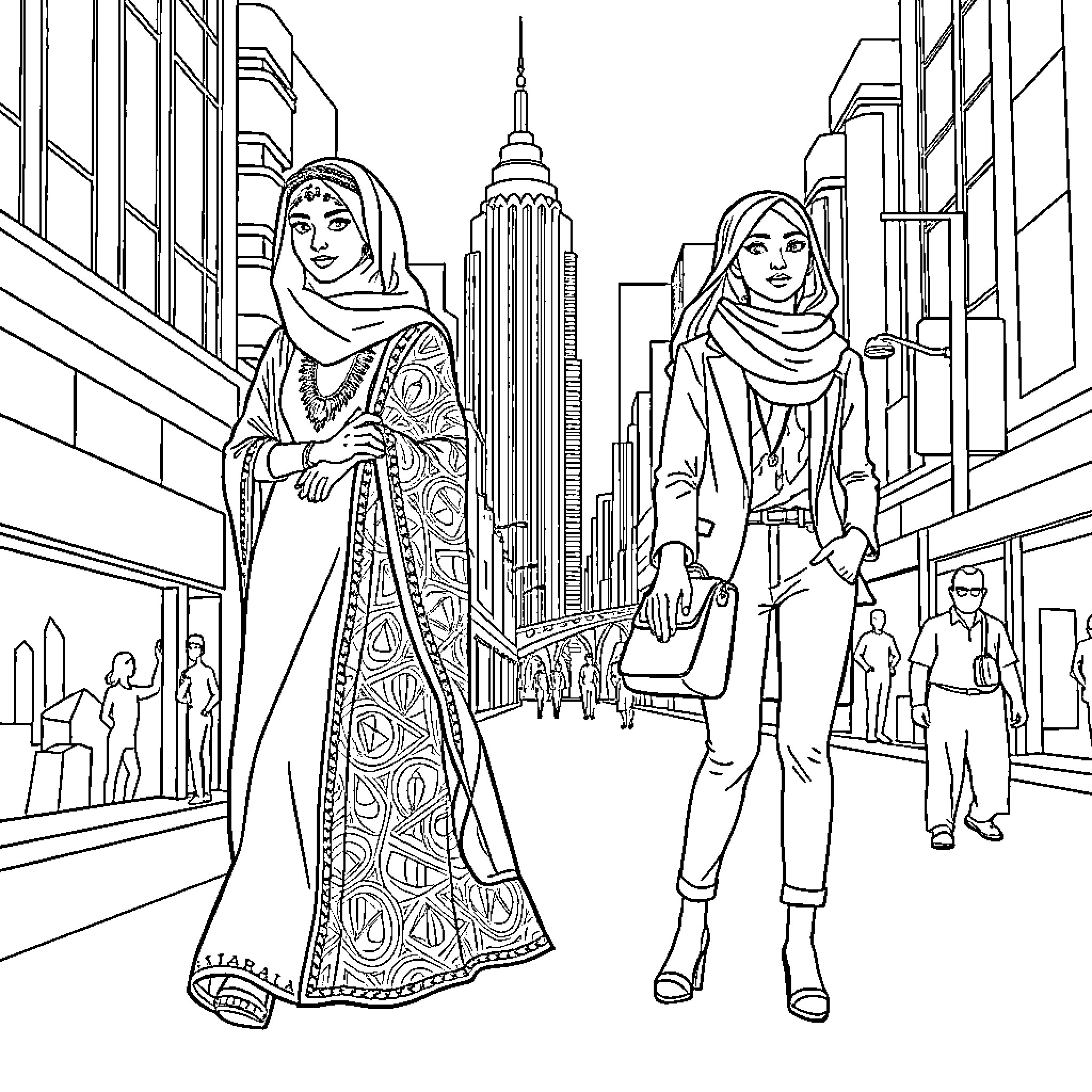 Women exploring the city in traditional attire Coloring Page (free black-and-white line drawing printable PDF for all, from beginners to advanced learners, including children, teens, adults, and seniors)