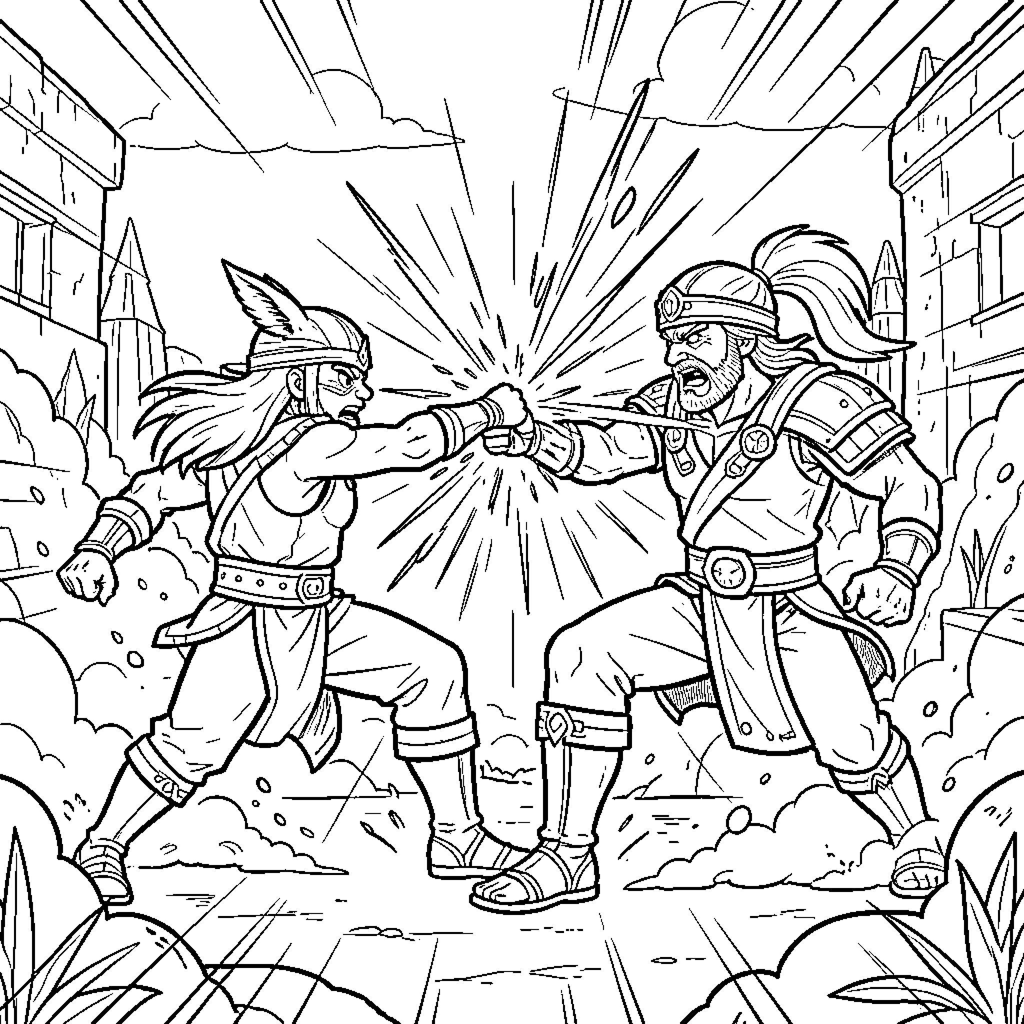 Leffy characters engaged in an intense martial arts battle Coloring Page (free black-and-white line drawing printable PDF for all, from beginners to advanced learners, including children, teens, adults, and seniors)