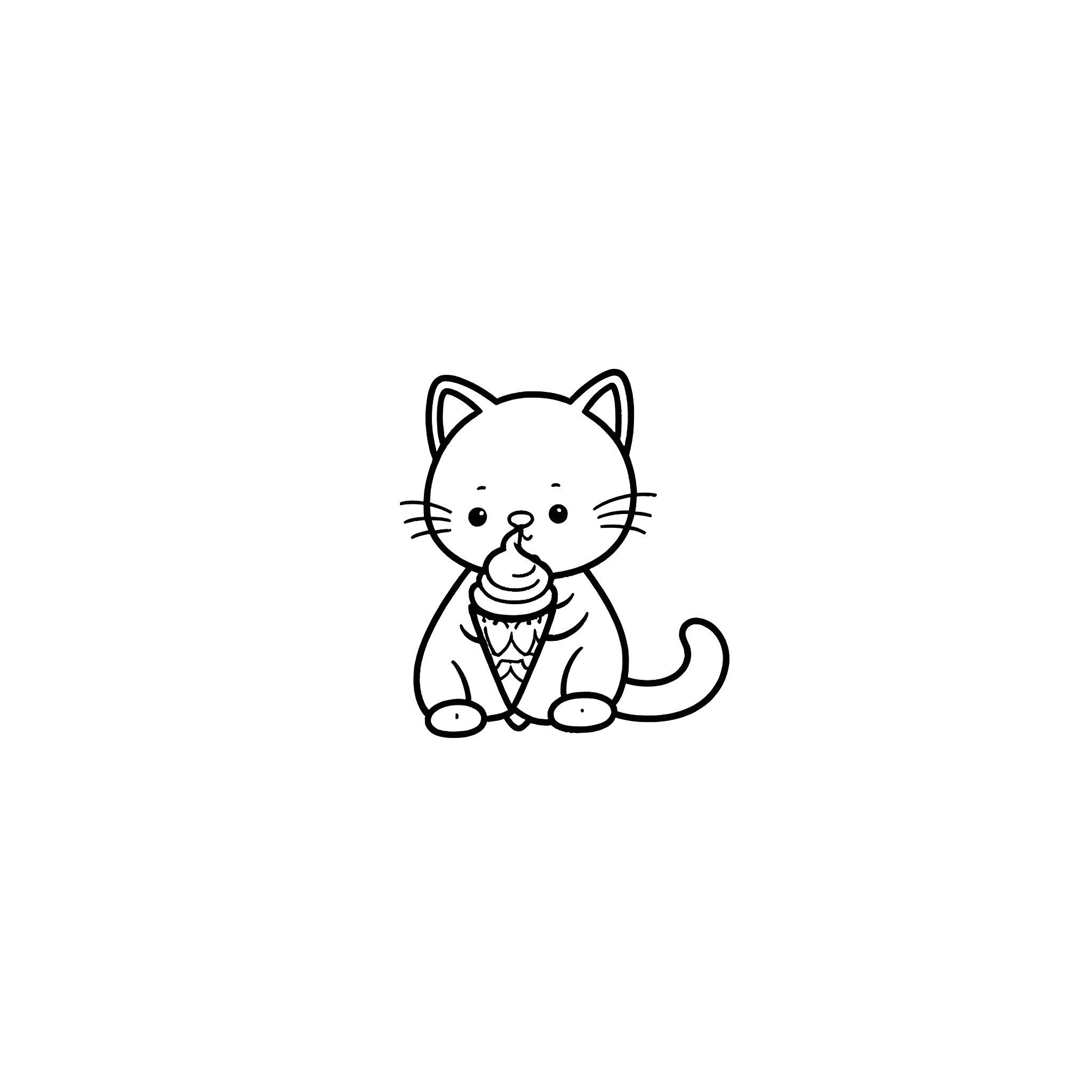 Kitten enjoying an ice cream treat Coloring Page (free black-and-white line drawing printable PDF for all, from beginners to advanced learners, including children, teens, adults, and seniors)