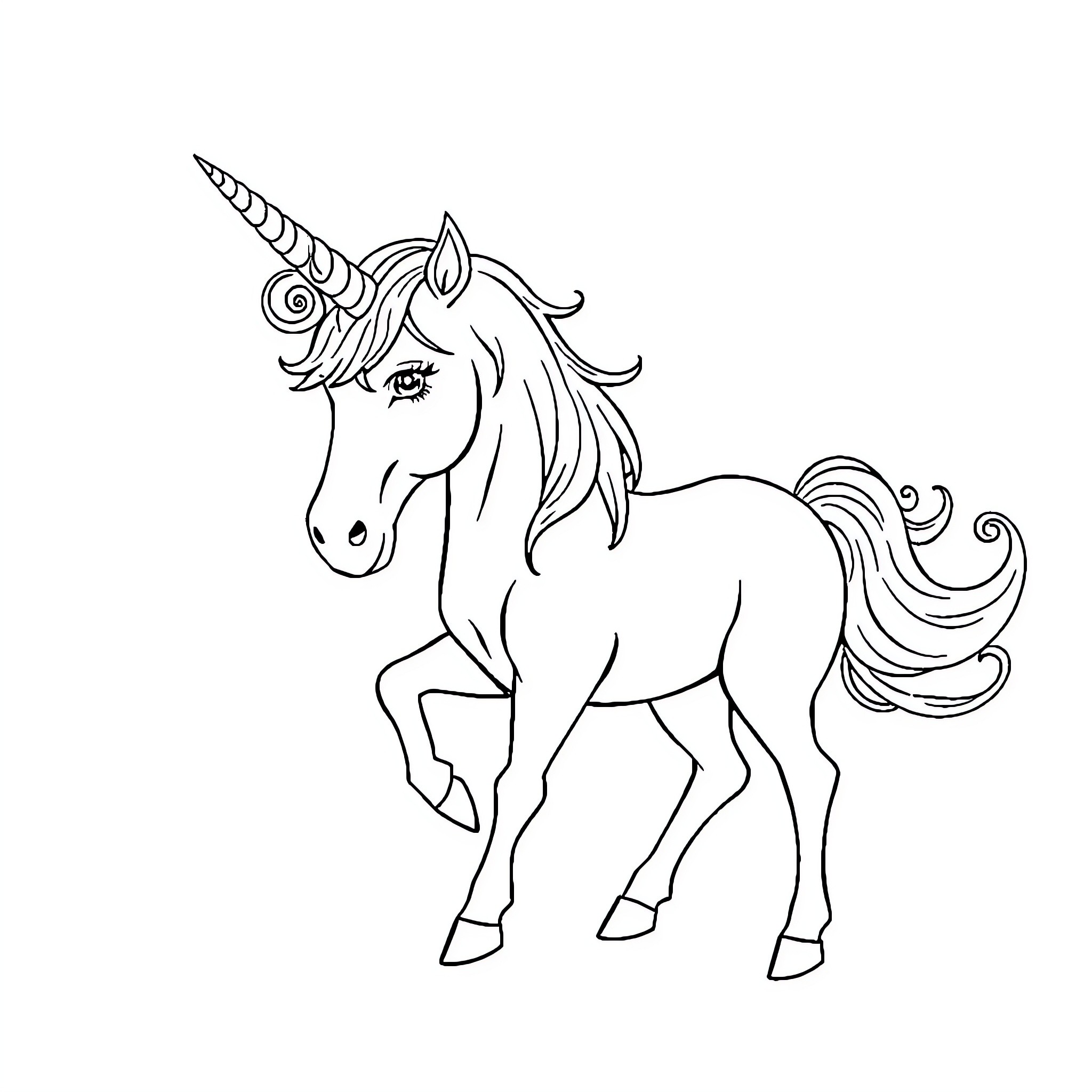 Unicorn standing proudly with graceful pose Coloring Page (free black-and-white line drawing printable PDF for all, from beginners to advanced learners, including children, teens, adults, and seniors)