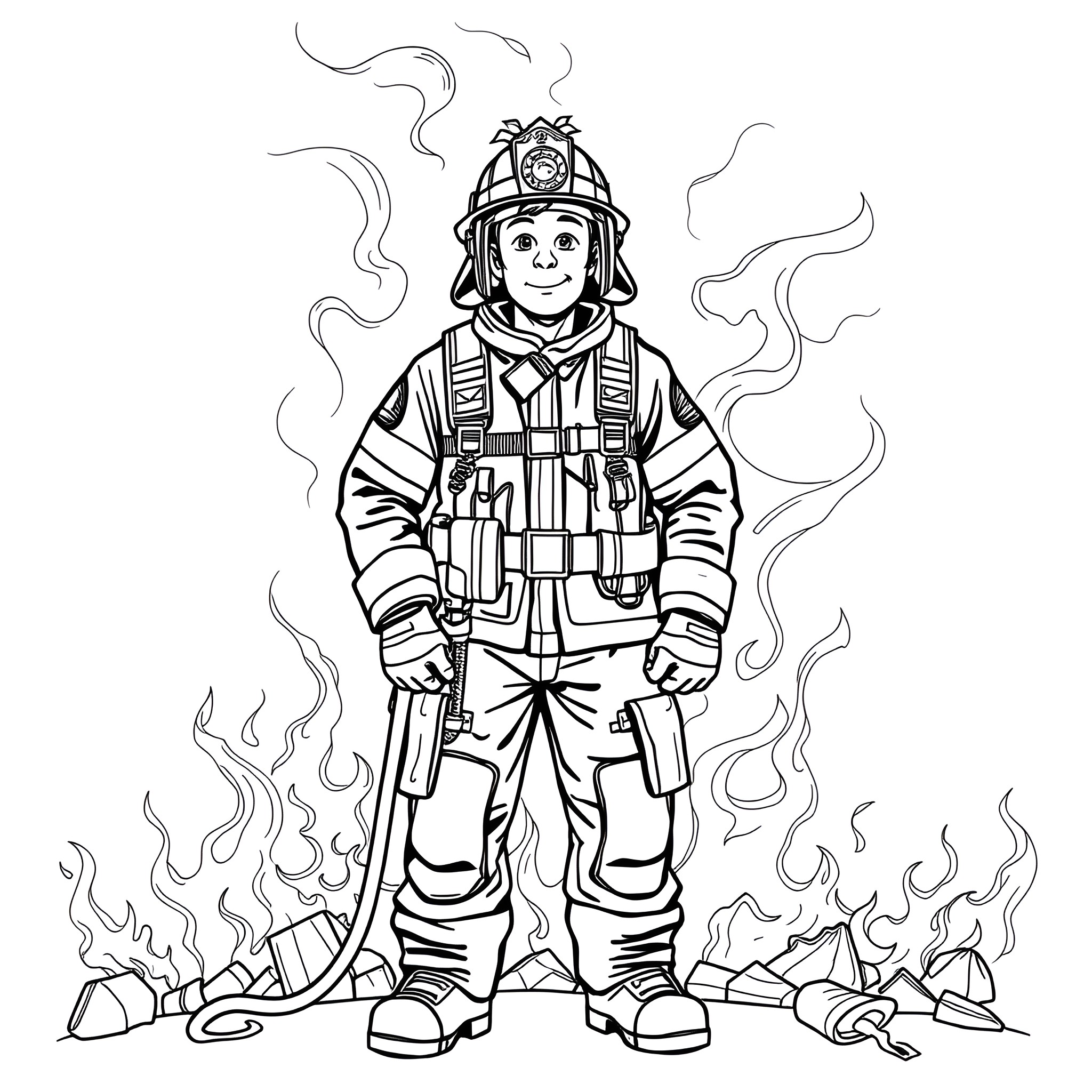 Firefighter battling flames with courage and determination Coloring Page (free black-and-white line drawing printable PDF for all, from beginners to advanced learners, including children, teens, adults, and seniors)