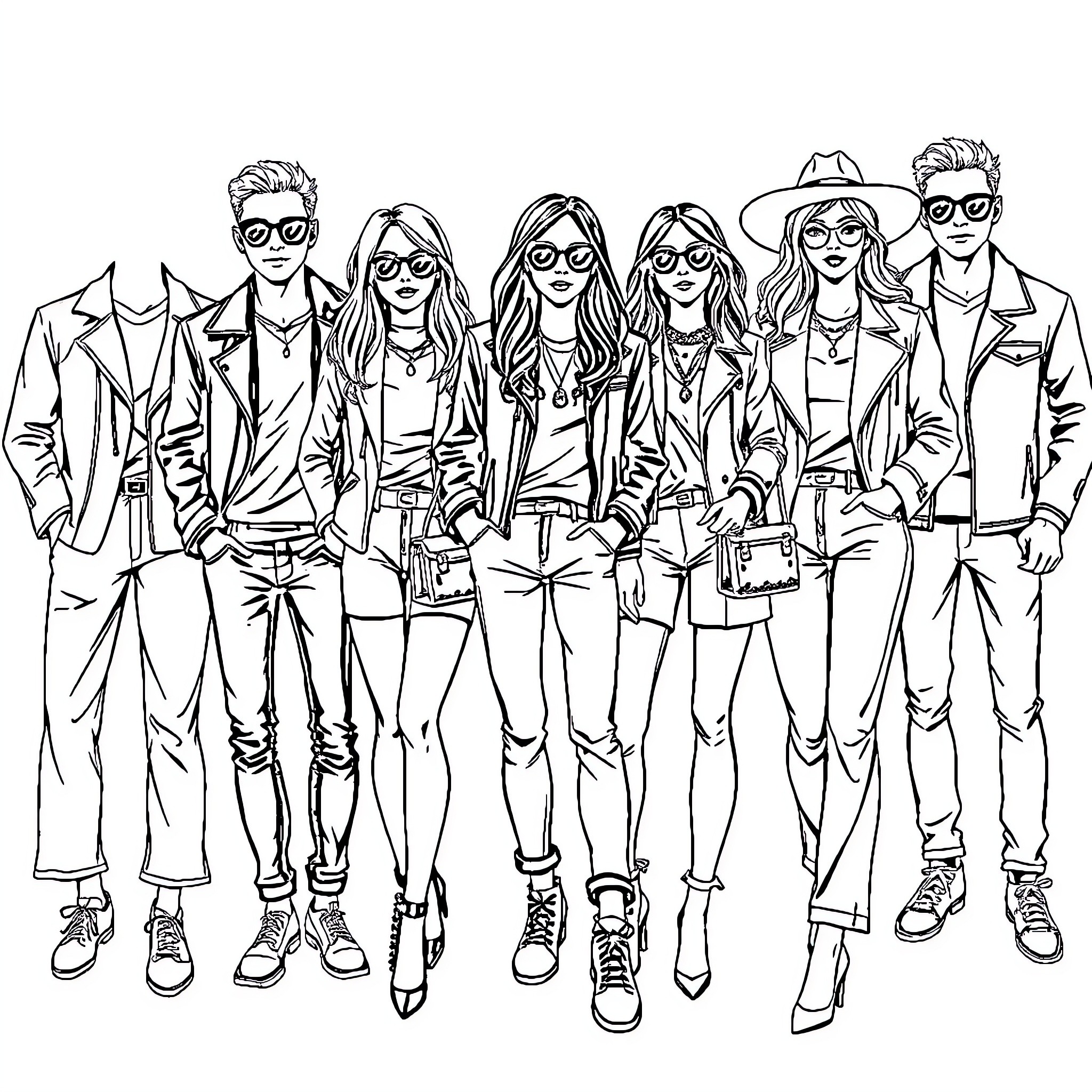 Person in fashionable outfits and accessories Coloring Page (free black-and-white line drawing printable PDF for all, from beginners to advanced learners, including children, teens, adults, and seniors)