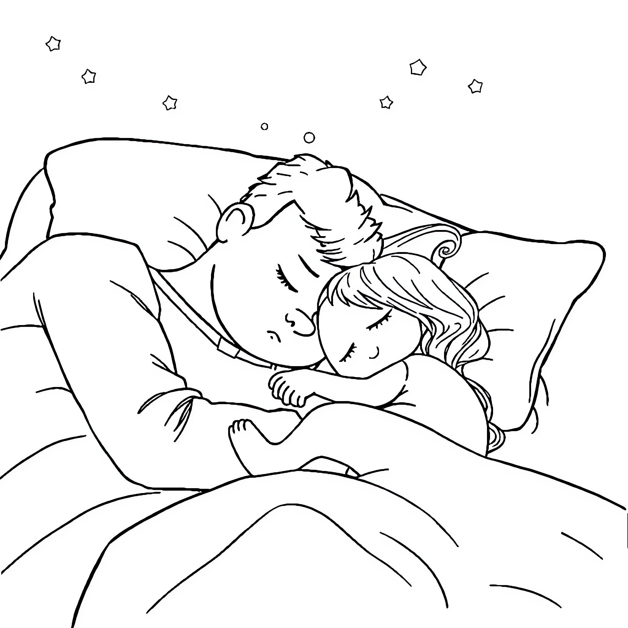 Bluey sleeping peacefully with sibling under starry night Coloring Page (free black-and-white line drawing printable PDF for all, from beginners to advanced learners, including children, teens, adults, and seniors)