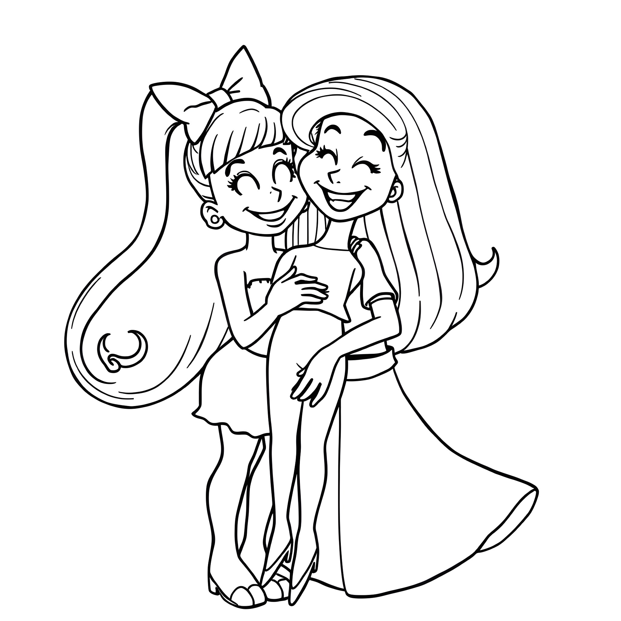 Animaniacs: Two Cartoon Girls Embracing Happily Coloring Page (free black-and-white line drawing printable PDF for all, from beginners to advanced learners, including children, teens, adults, and seniors)