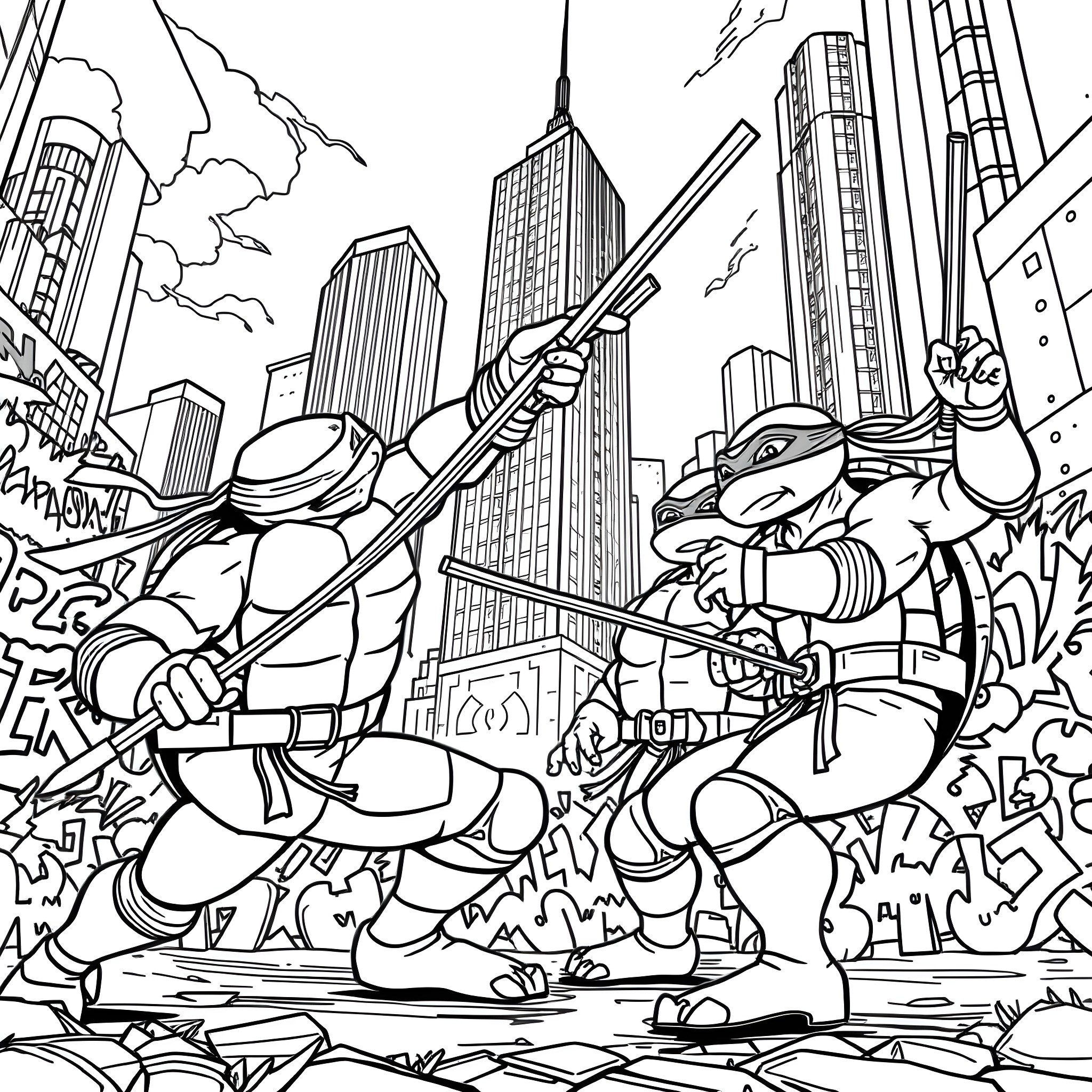 Ninja Turtles battling in the city skyline Coloring Page (free black-and-white line drawing printable PDF for all, from beginners to advanced learners, including children, teens, adults, and seniors)
