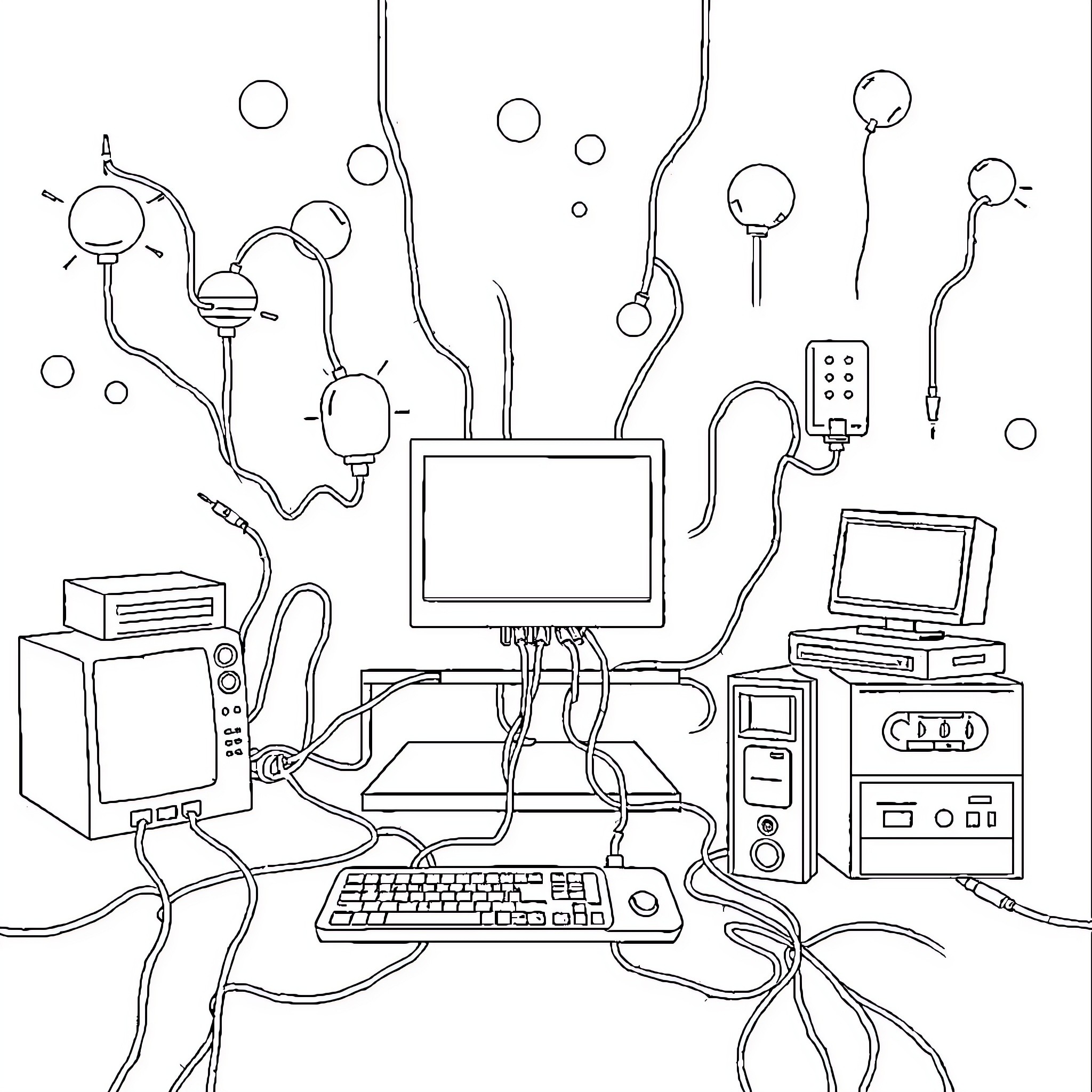 Computer Cables and Devices in Disarray Coloring Page (free black-and-white line drawing printable PDF for all, from beginners to advanced learners, including children, teens, adults, and seniors)