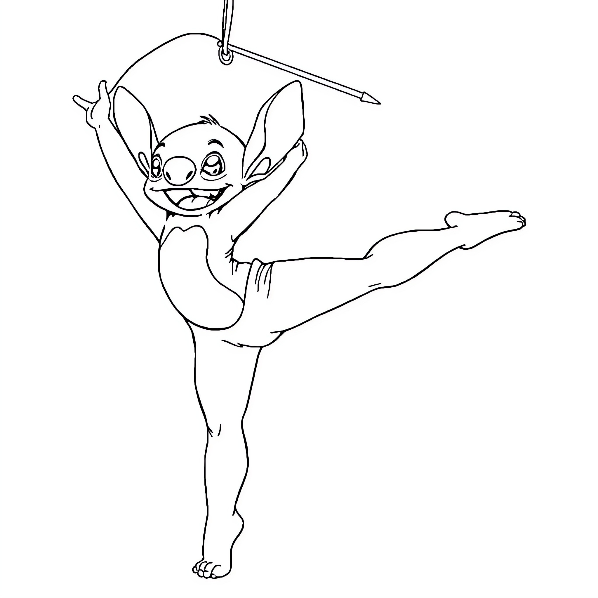 Stitch balancing joyfully on one leg Coloring Page (free black-and-white line drawing printable PDF for all, from beginners to advanced learners, including children, teens, adults, and seniors)