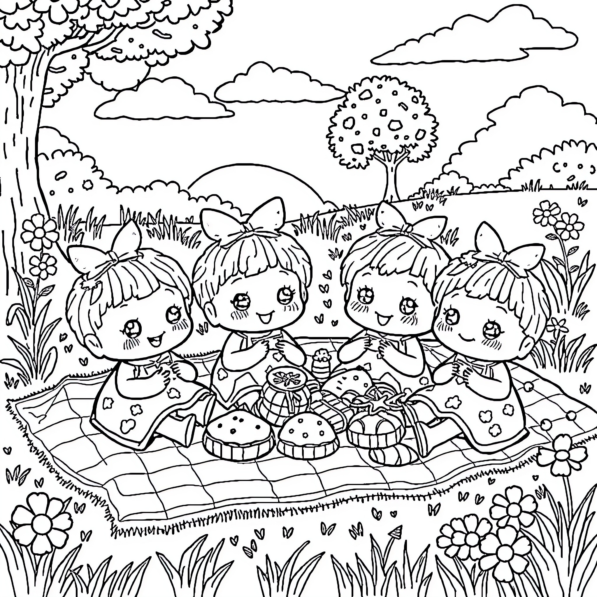 Doll Friends Having a Picnic in Nature Coloring Page (free black-and-white line drawing printable PDF for all, from beginners to advanced learners, including children, teens, adults, and seniors)