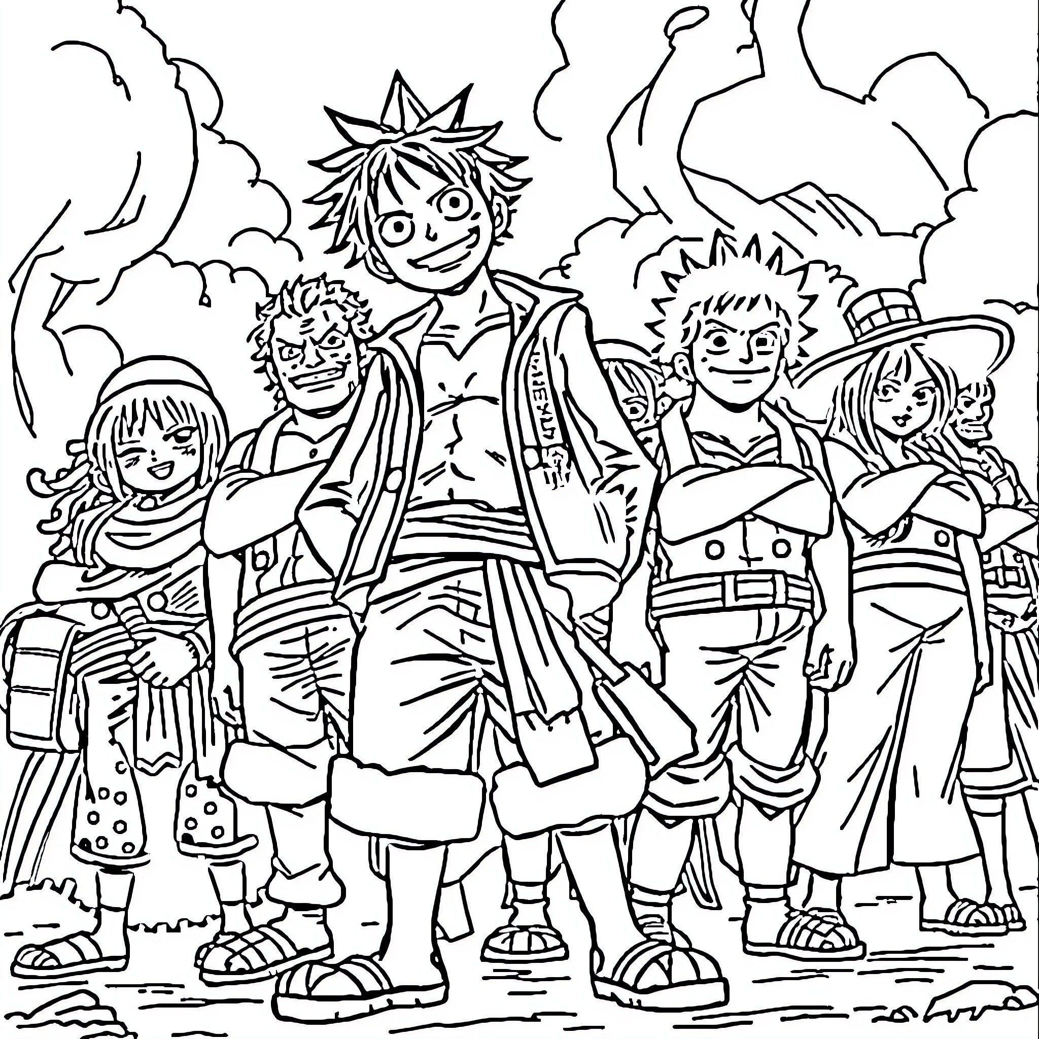 Luffy and His Crew on a Colorful Adventure Coloring Page (free black-and-white line drawing printable PDF for all, from beginners to advanced learners, including children, teens, adults, and seniors)