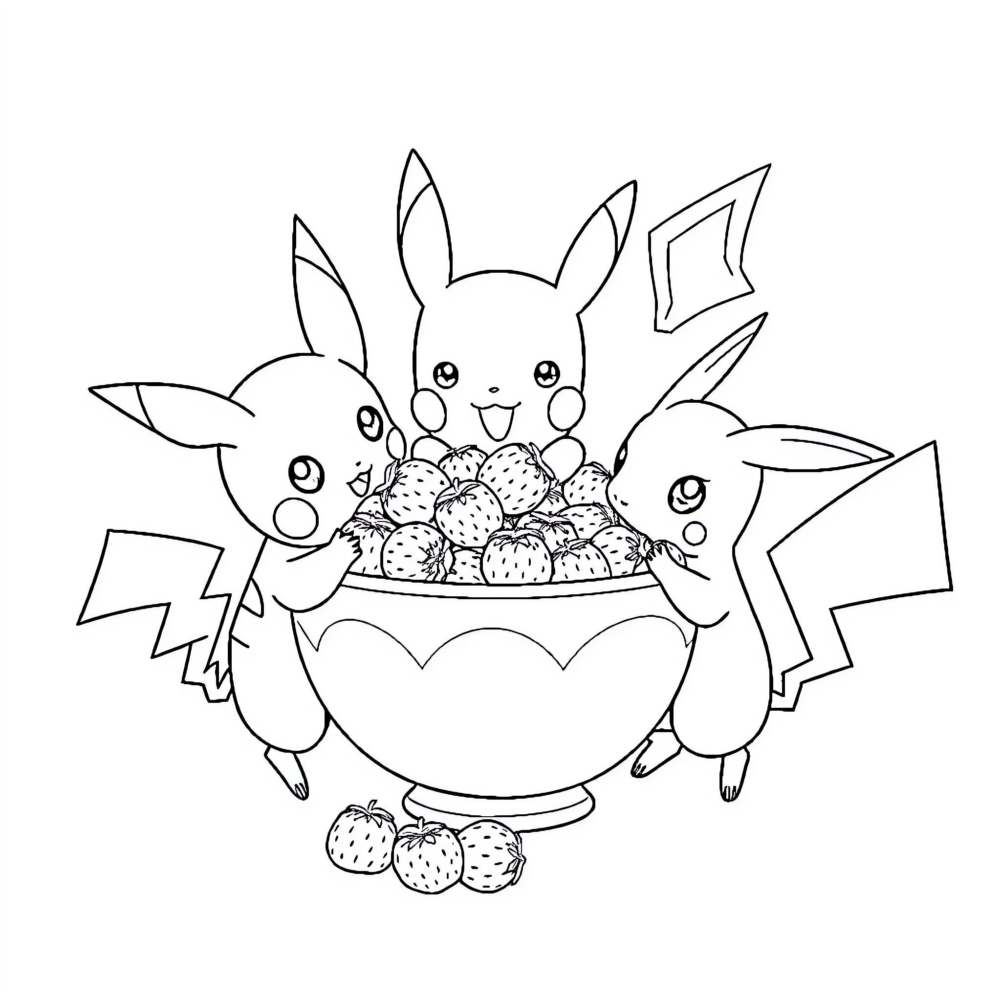 Pokémon enjoying a berry-filled feast together Coloring Page (free black-and-white line drawing printable PDF for all, from beginners to advanced learners, including children, teens, adults, and seniors)
