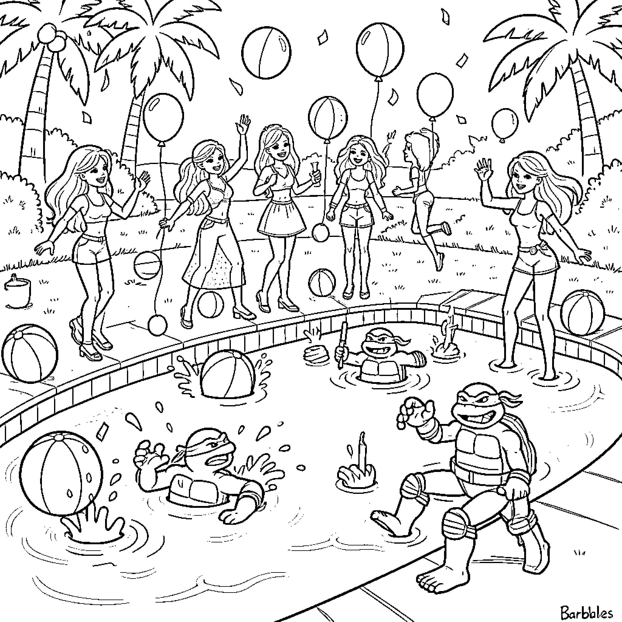 Barbie dolls enjoying a fun summer pool party Coloring Page (free black-and-white line drawing printable PDF for all, from beginners to advanced learners, including children, teens, adults, and seniors)