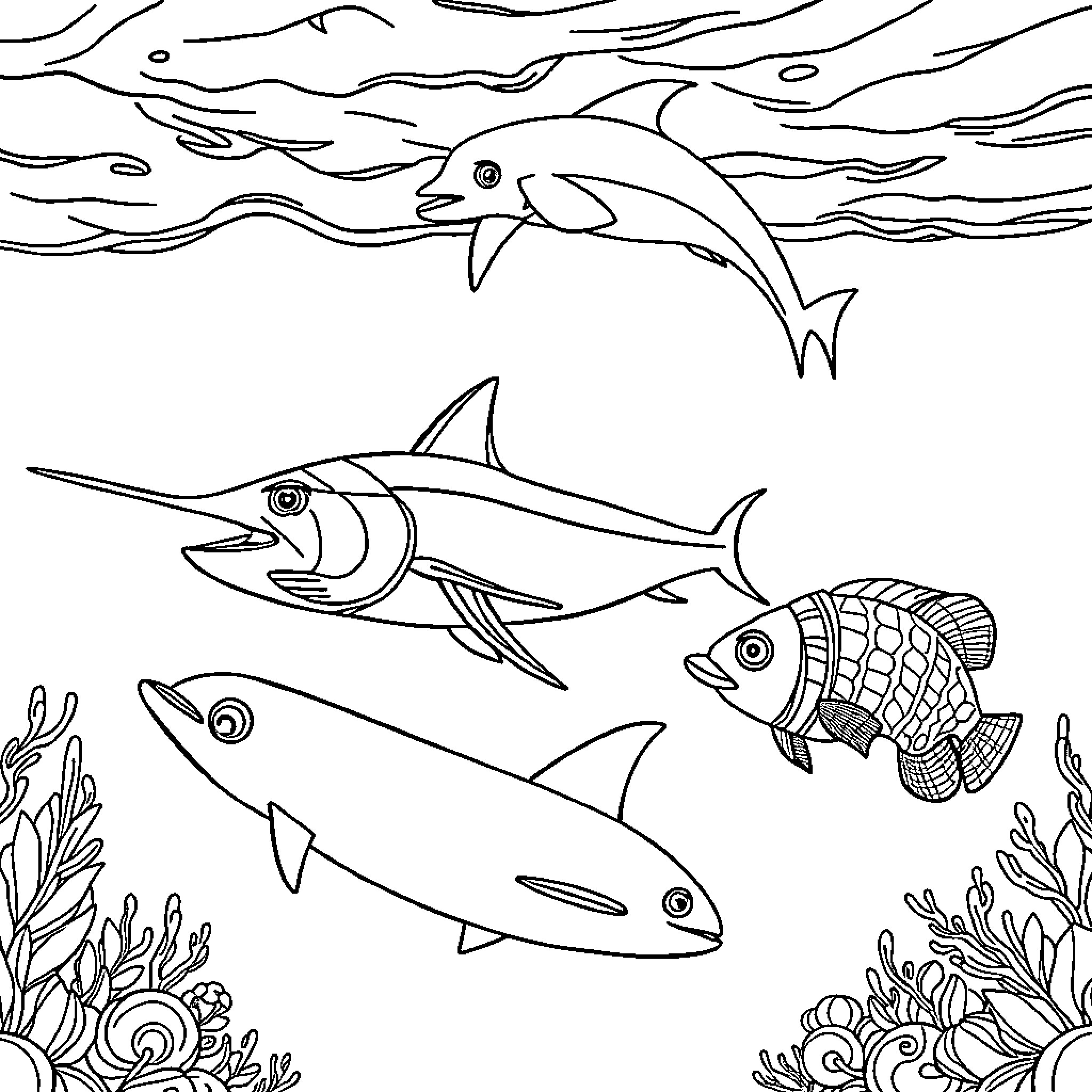 Fish swimming in the ocean Coloring Page (free black-and-white line drawing printable PDF for all, from beginners to advanced learners, including children, teens, adults, and seniors)