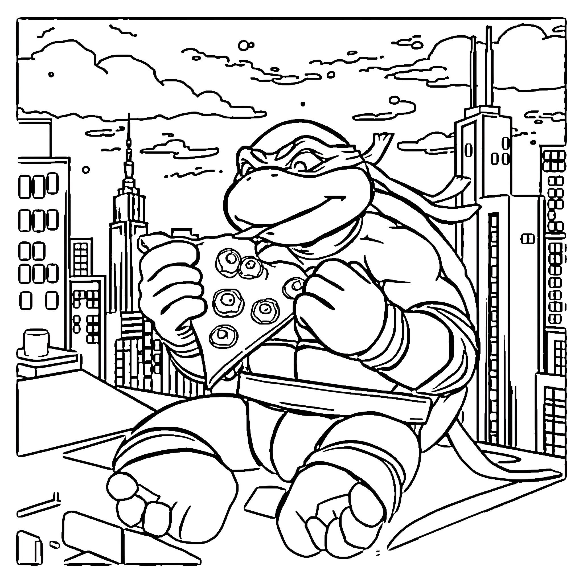 Teenage Mutant Ninja Turtle enjoying a slice of pizza in the city Coloring Page (free black-and-white line drawing printable PDF for all, from beginners to advanced learners, including children, teens, adults, and seniors)