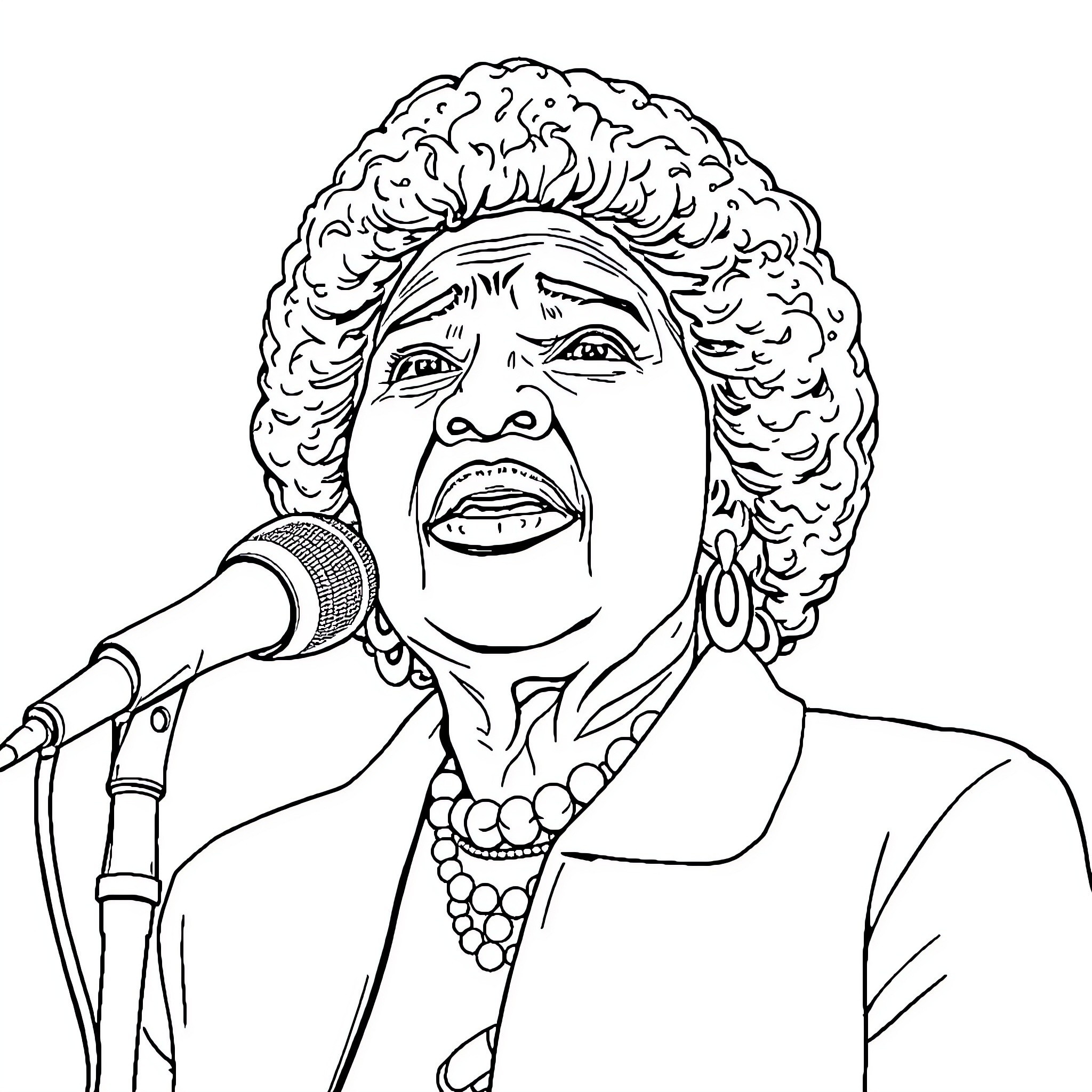Olive Morris speaking passionately into a microphone Coloring Page (free black-and-white line drawing printable PDF for all, from beginners to advanced learners, including children, teens, adults, and seniors)