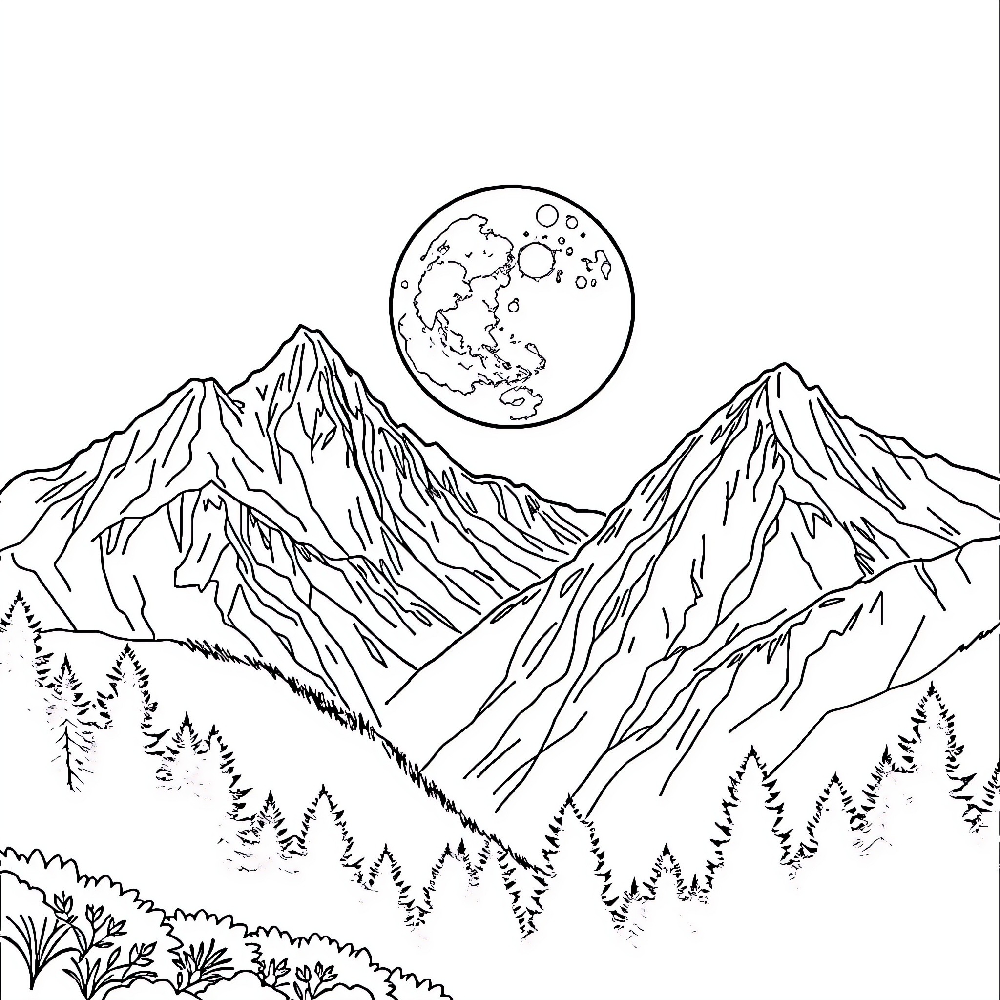 Moon shining over majestic mountain peaks Coloring Page (free black-and-white line drawing printable PDF for all, from beginners to advanced learners, including children, teens, adults, and seniors)