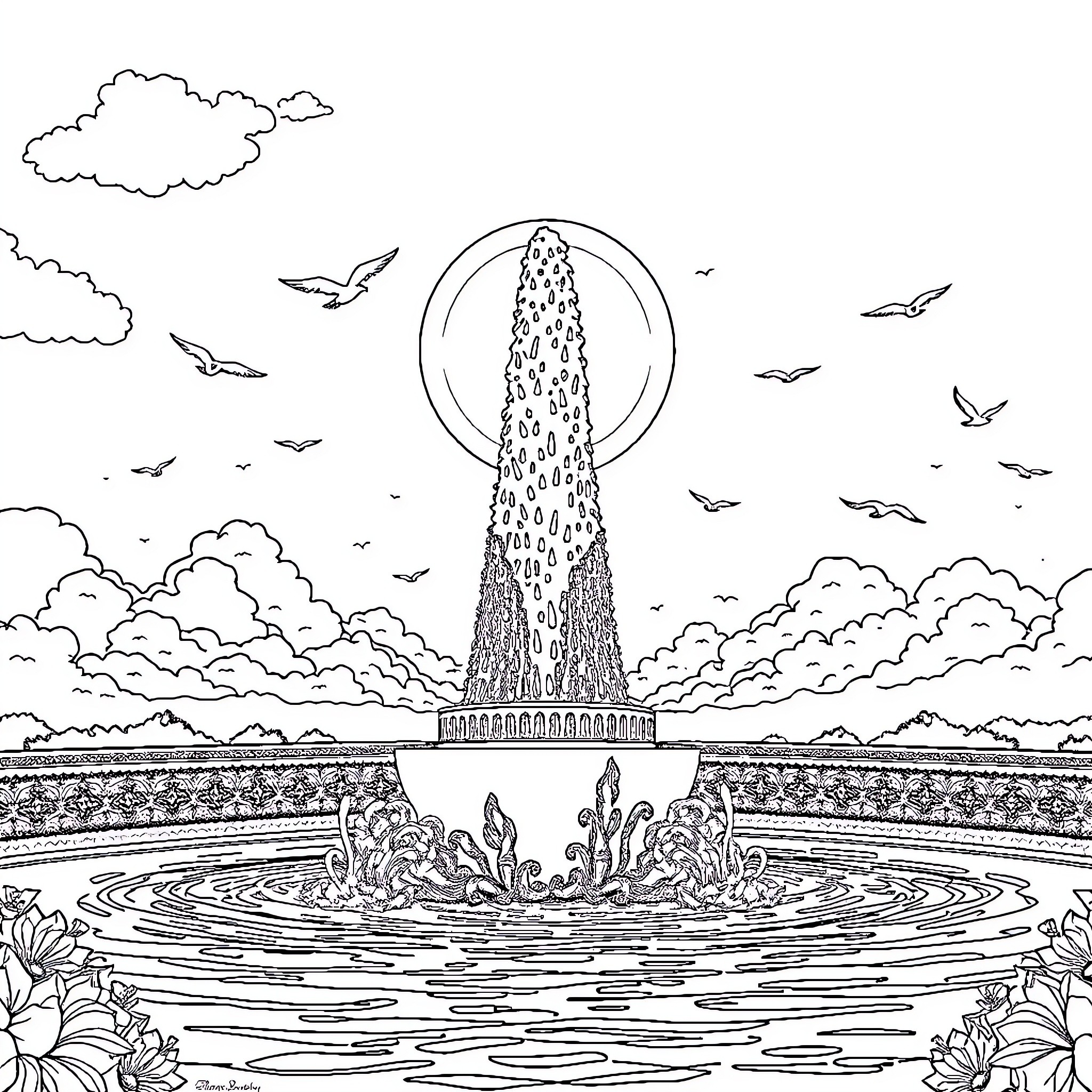 Fountain of water surrounded by nature Coloring Page (free black-and-white line drawing printable PDF for all, from beginners to advanced learners, including children, teens, adults, and seniors)