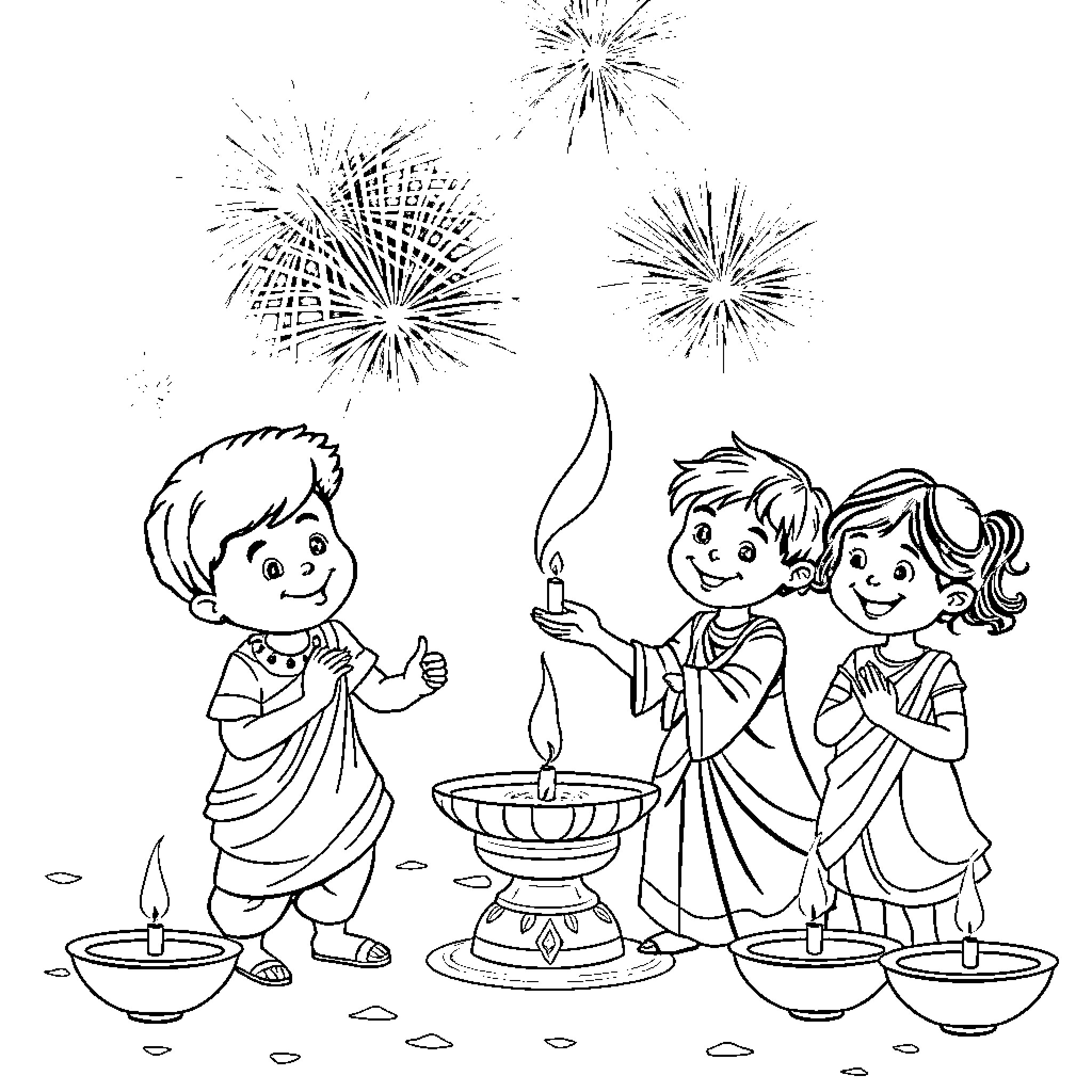Kid Celebrating Festival with Fireworks and Lamps Coloring Page (free black-and-white line drawing printable PDF for all, from beginners to advanced learners, including children, teens, adults, and seniors)