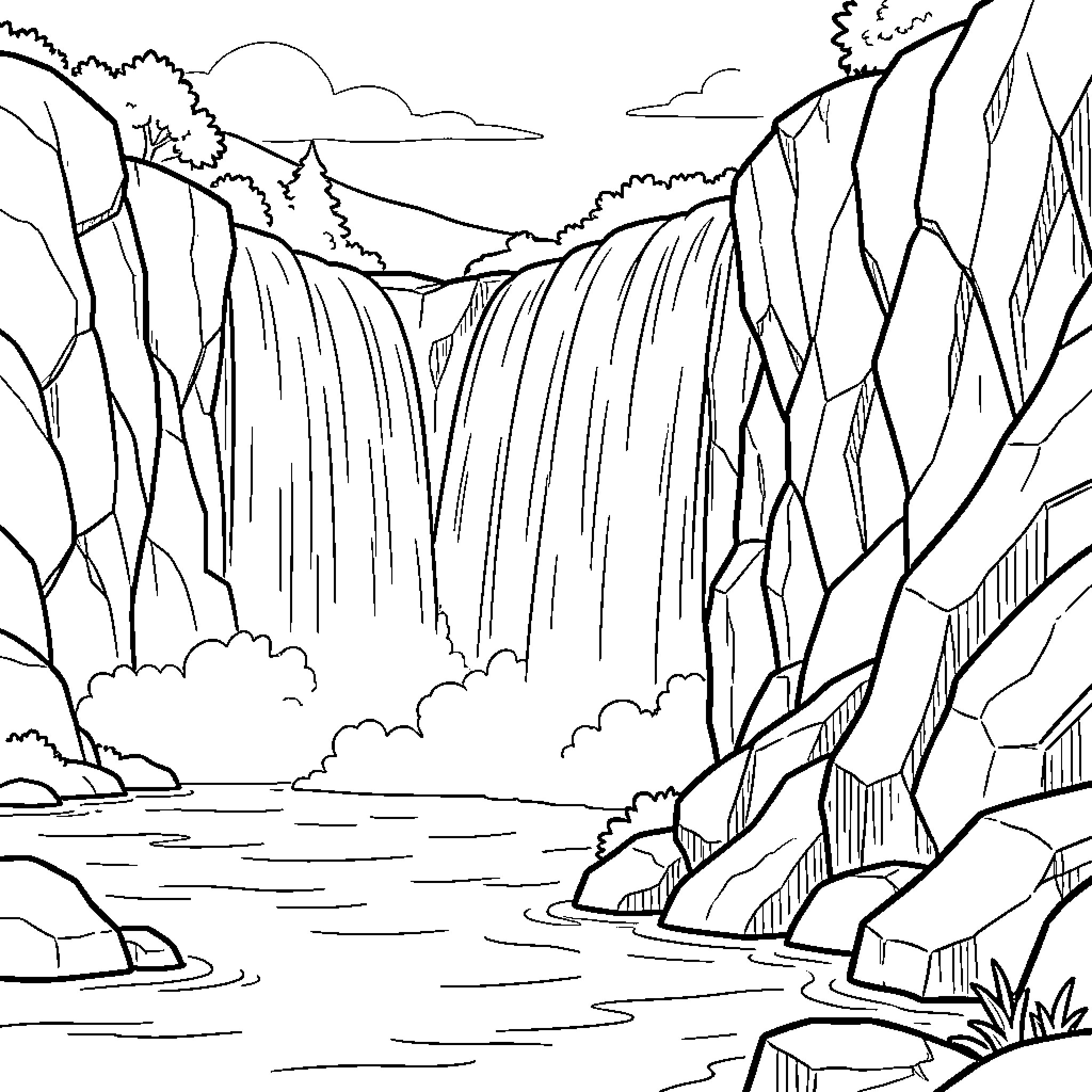 Cascade flowing between rugged cliffs into a river Coloring Page (free black-and-white line drawing printable PDF for all, from beginners to advanced learners, including children, teens, adults, and seniors)