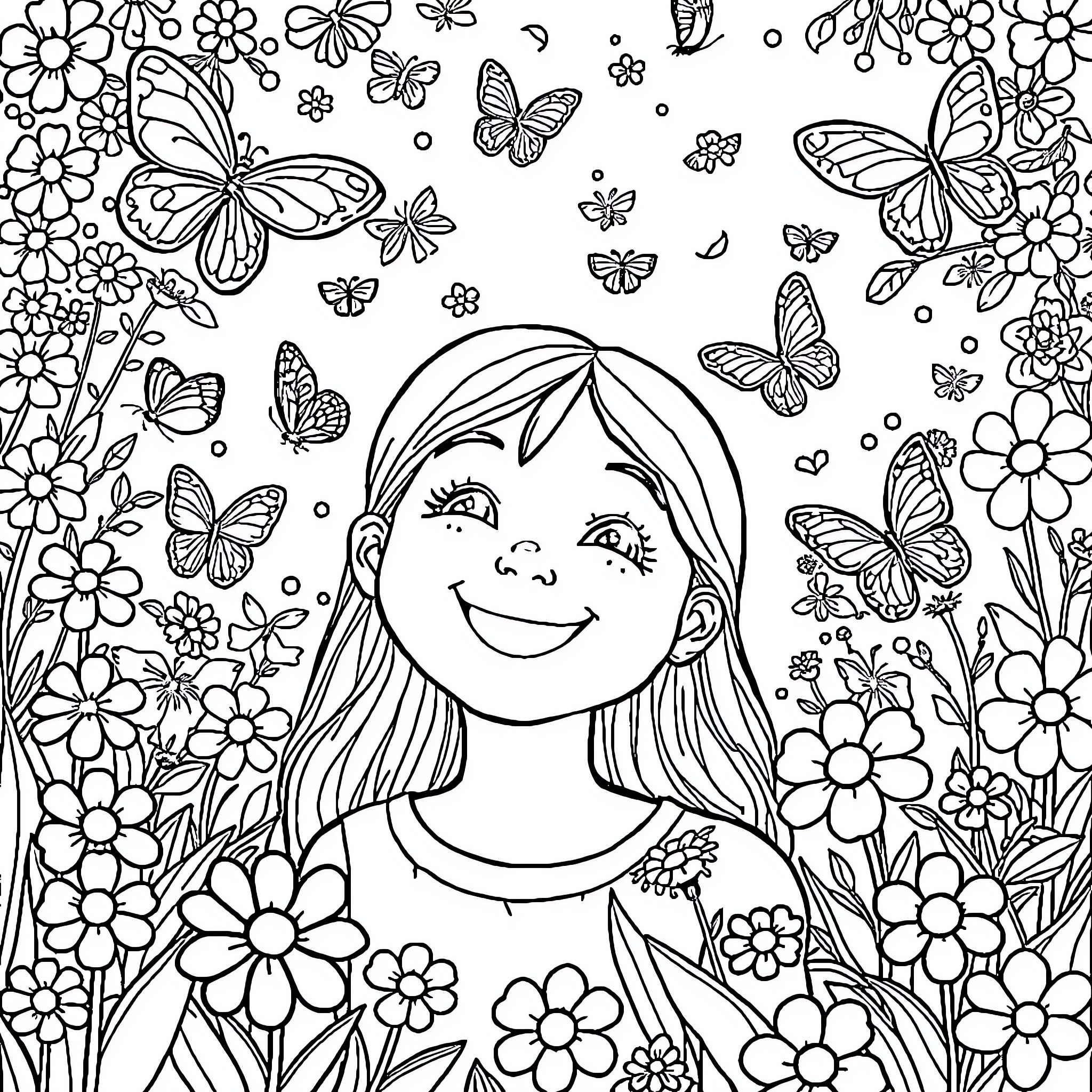 Girl surrounded by flowers and butterflies Coloring Page (free black-and-white line drawing printable PDF for all, from beginners to advanced learners, including children, teens, adults, and seniors)