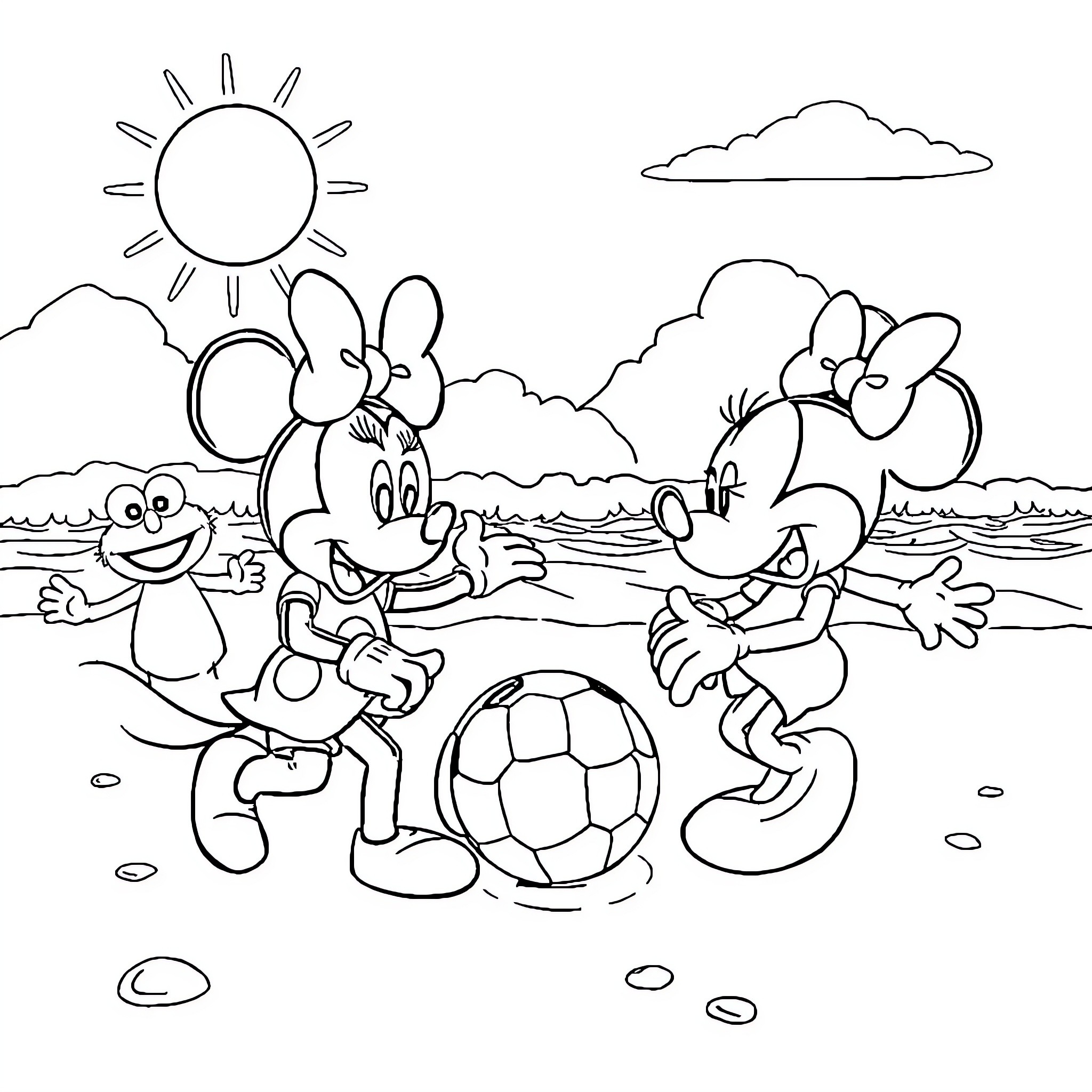 Mickey Mouse and friends playing soccer outdoors Coloring Page (free black-and-white line drawing printable PDF for all, from beginners to advanced learners, including children, teens, adults, and seniors)