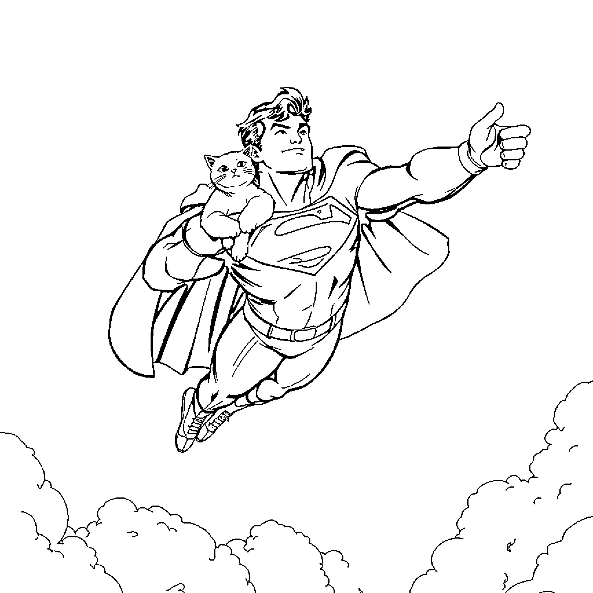 Superman rescuing a kitten in the sky Coloring Page (free black-and-white line drawing printable PDF for all, from beginners to advanced learners, including children, teens, adults, and seniors)