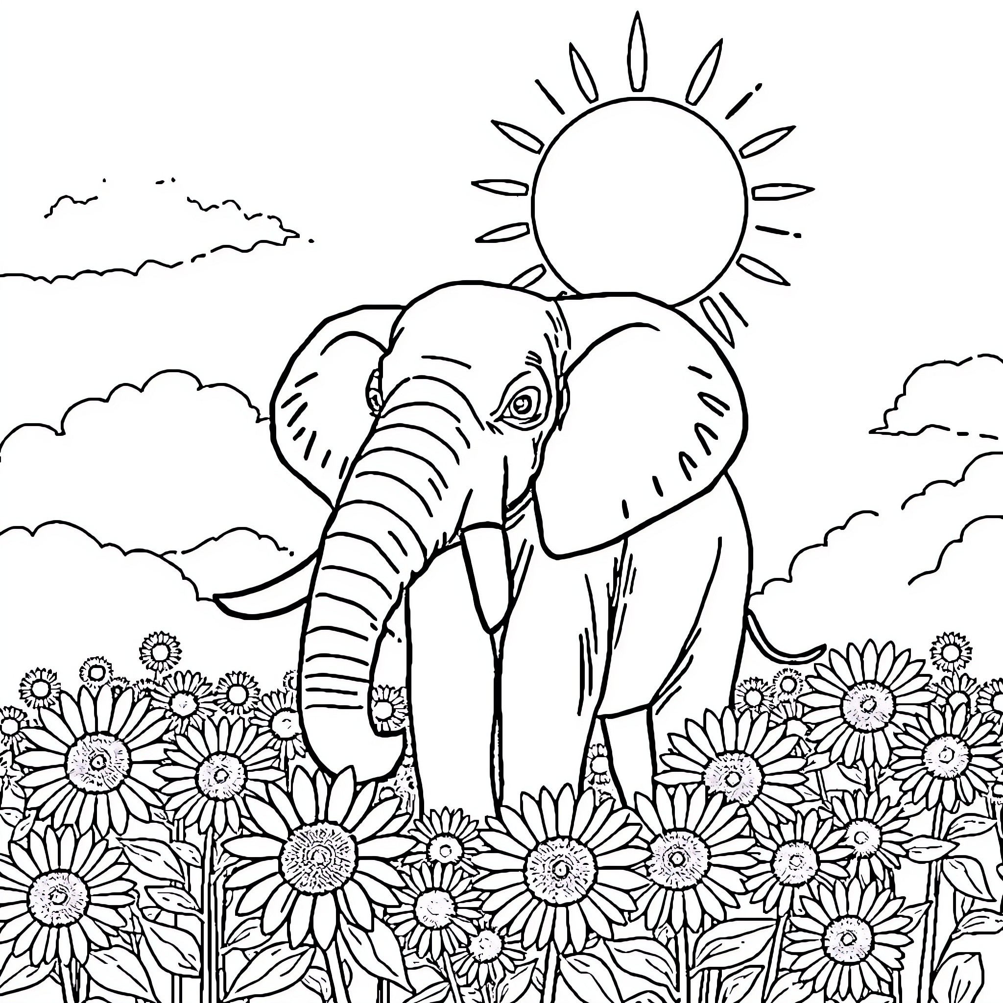 Elephant walking through a field of sunflowers Coloring Page (free black-and-white line drawing printable PDF for all, from beginners to advanced learners, including children, teens, adults, and seniors)